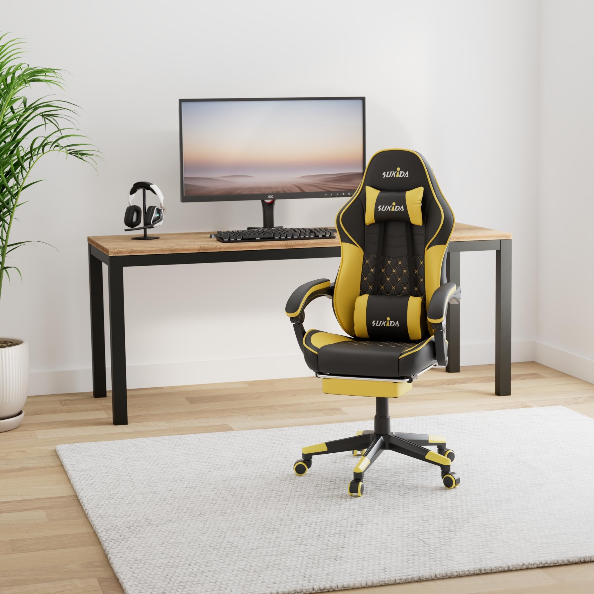 SUKIDA Gaming Stuhl, Ergonomischer Gaming-Stuhl mit Fußstütze, Racing Gamer Chair 90-135° Rückenlehne einstellbar, Computerstuhl Höhenverstellbar Lendenwirbelstütze, Blackyellow