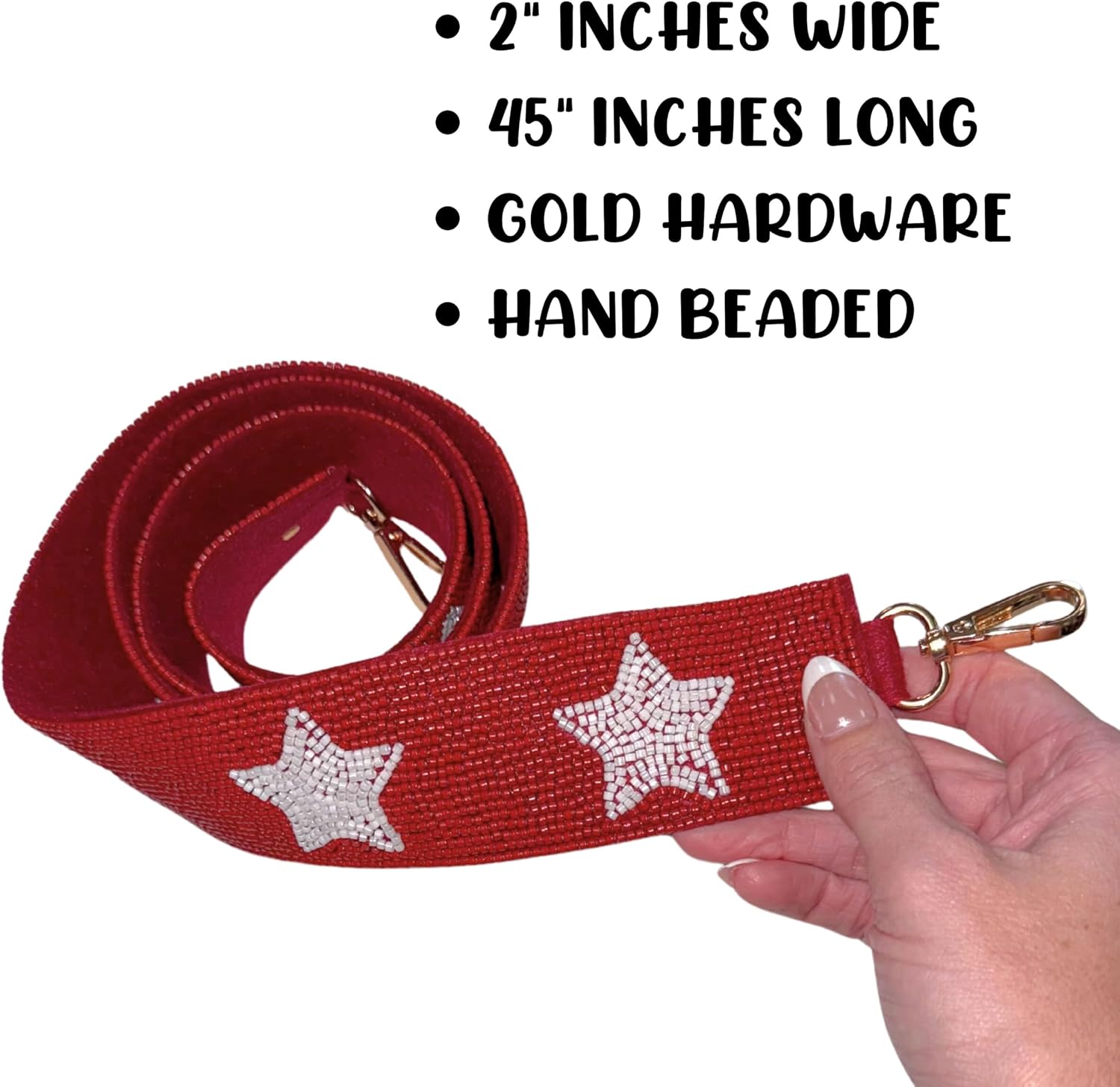 Lashicorn Red with White Stars Beaded Purse Straps 45” Gold Clasp Game Day Bulldogs Oklahoma Crimson Arkansas Clear Stadium Bag Arizona