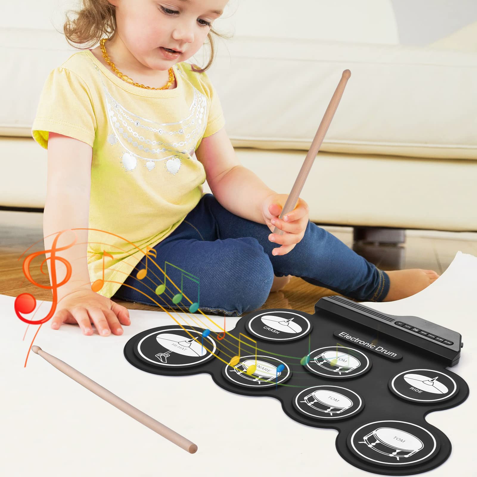 Roll Up Drum kompaktowy zestaw bębnów USB Roll-Up z silikonowym zestawem bębnów cyfrowych elektronicznych perkusji 7 padów perkusyjnych z pałeczkami perkusyjnymi pedały nożne dla początkujących