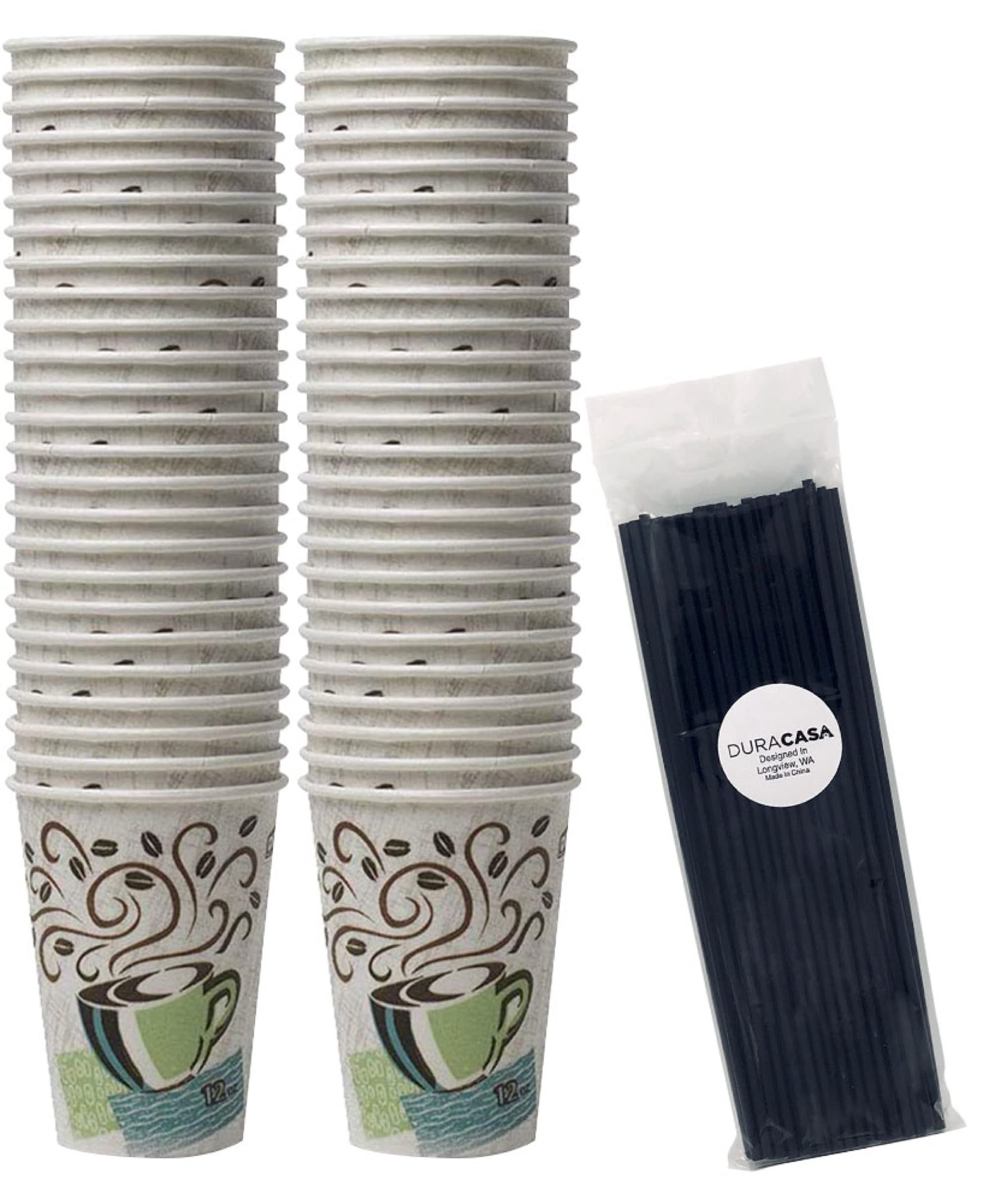 DuraCasaStraws and Dixie PerfecTouch Insulated Paper Hot Cup 50 Count, 12 oz Coffee Cups and Drinking/Stirring Stick Bundle Pack (12 Oz, 50 Cups, 50 Straws)