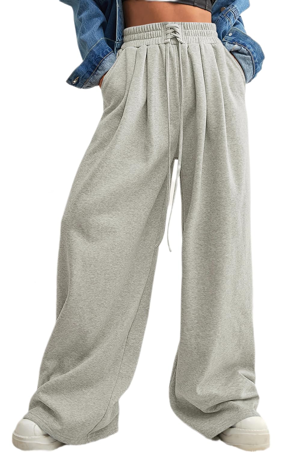 Aleumdr Wide Leg Sweatpants for Women 2025 Trendy Fashion High Waisted Drawstring Loose Long Pants with Pockets