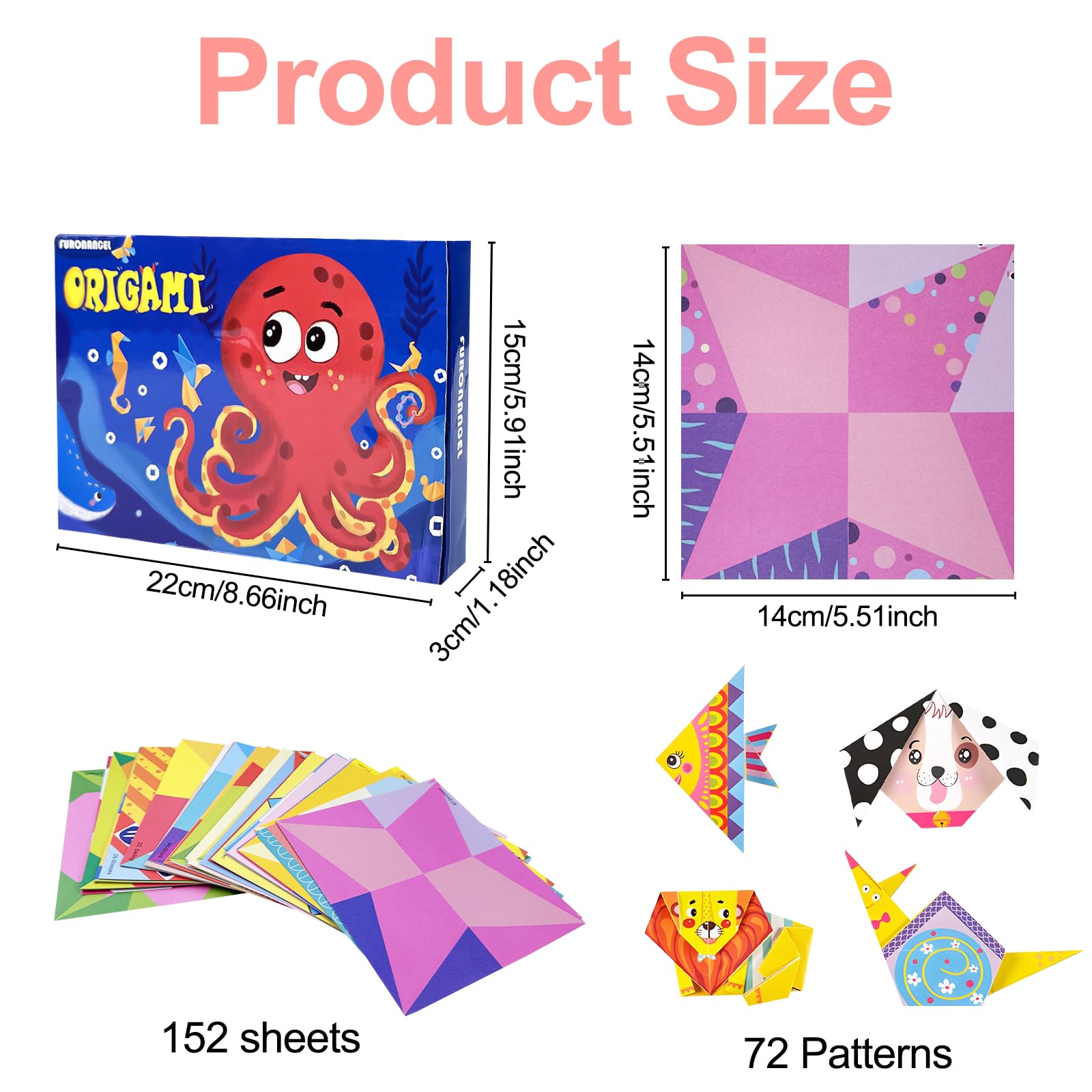 Kit Papier Origami Enfants 152PCS - 72 Motifs 14x14cm - Livre Instructions - Cadeau Créatif