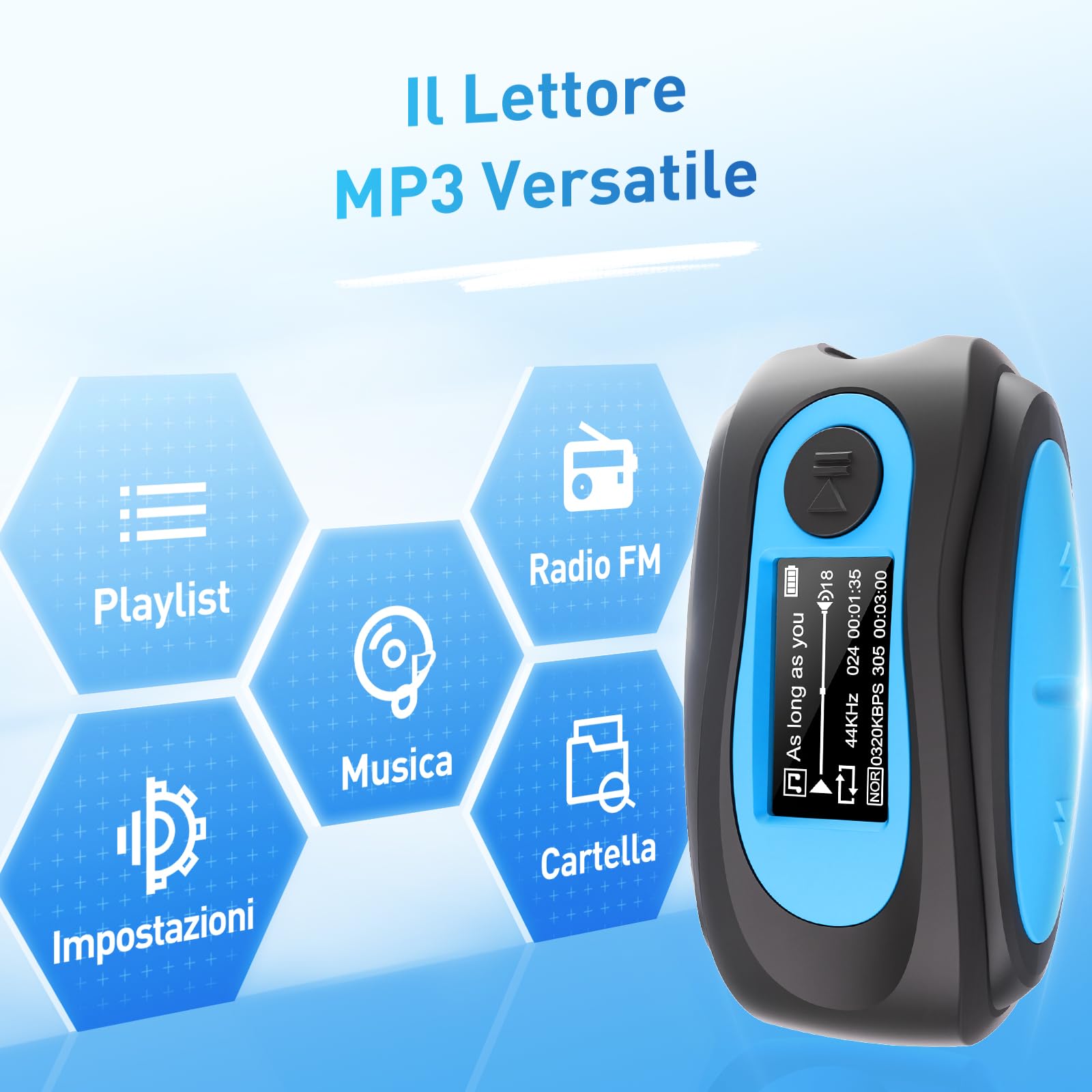 AGPTEK Lettore MP3 Impermeabile Subacqueo IPX8 con Clip Lettore Musicale da 8GB Nuoto MP3 con Auricolare,Cavo Audio e 3 paia di Tappi per le Orecchie,Supporta Radio FM,per Sport in Esecuzione Surf