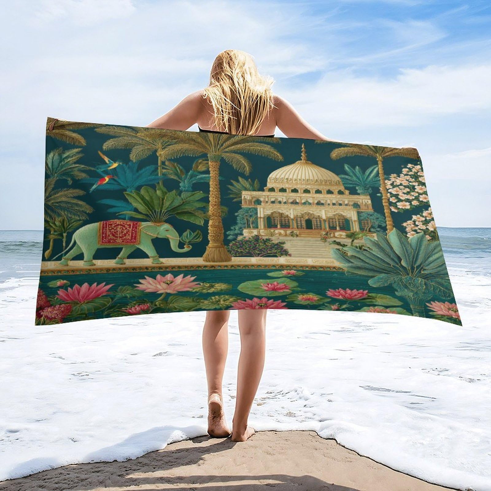 Luyysky Bohimian Realistic Indian Elephant Absorbent Beach Towel, Modern Boho Animal Elephant Bird Lotus Flowers Palm Tree Outdoor Single-Sided Velvet Beach Towel-80 W Cm X 160" L Cm