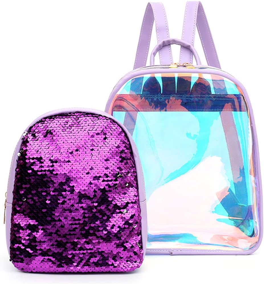 Jascaela Women's 2 in 1 Hologram Transparent Backpack with Mini Sequins Shoulder Bag for Daily Travel Work Daypack(Purple)