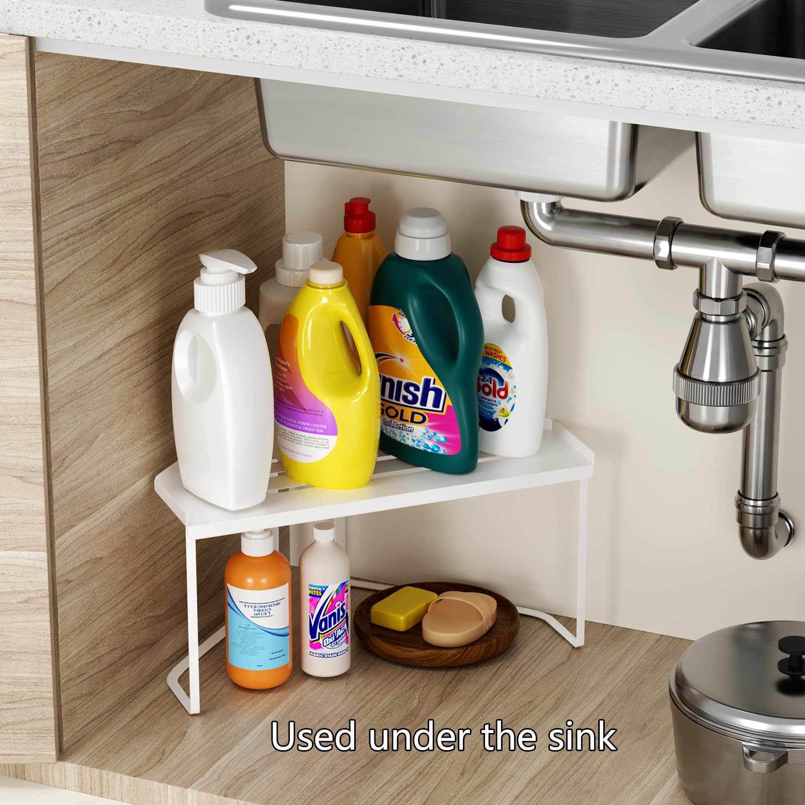 Impilabile Cucina Organizer,Metallo Organizzatori da Cucina con tappetino antiscivolo,multifunzionale Organizer Bagno,per cucina/bagno/piano tavolo/credenza. (1, Bianco)