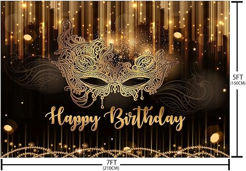 Miniatura 5 de Máscara de fondo de feliz cumpleaños de 7 x 5 pies, suministros de decoración de carnaval, cumpleaños, fiesta de baile, pancarta negra y dorada con