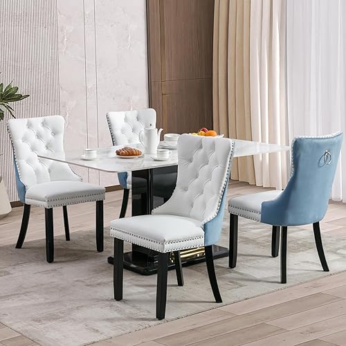 Miniatura 54 de Juego de 6 sillas de comedor de terciopelo, sillas de comedor tapizadas acolchadas con ribete de tachuelas y patas de madera maciza para cocina,