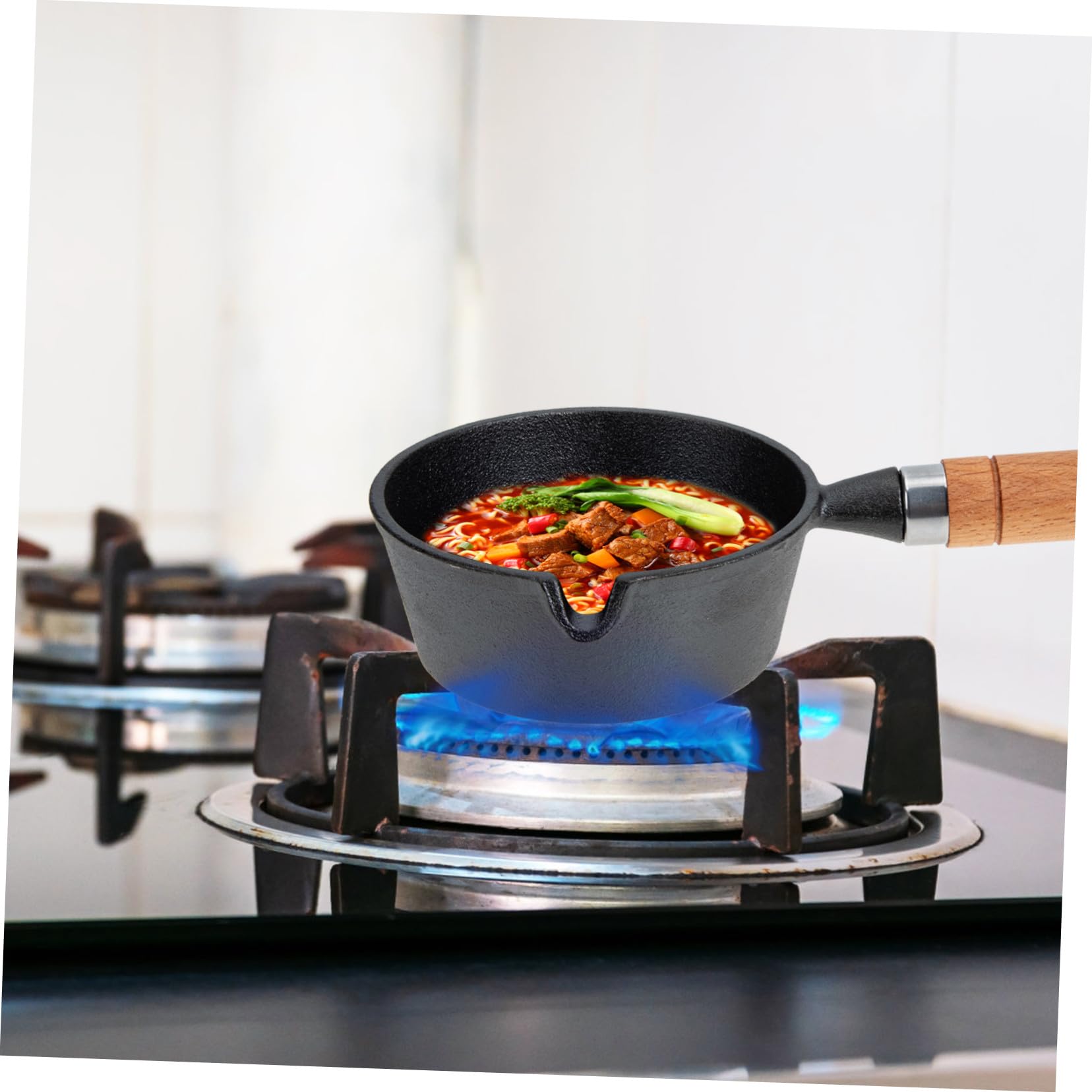 GANAZONO Padella in Ferro Manico in Legno Padellino per Olio Bollente Piccola Pentola per Sciogliere Burro e Cottura Veloce in Cucina Domestica