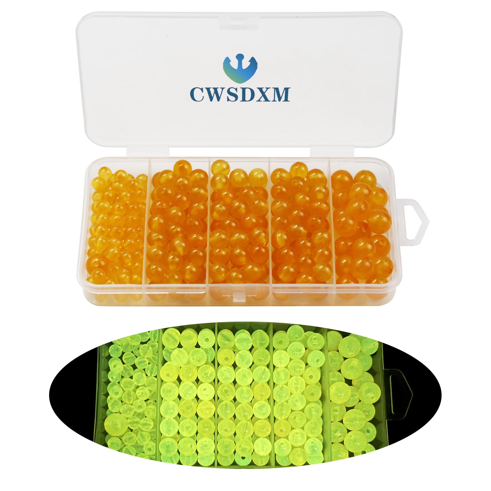 Glowing Fishing Lure Beads Assortment - Round Mixsize Beads (6mm, 8mm, 10mm) with Brass Sinker for All Fishing Rigs