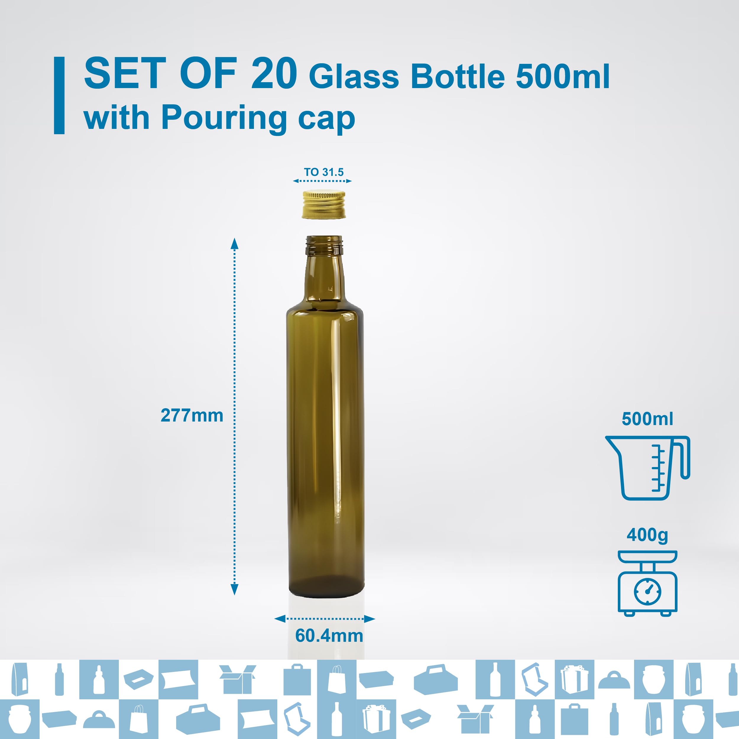 20 Botellas de Cristal Oscuro 500 ml con Tapón de Rosca Dorado y Boquilla Vertedora – Aceitera para Aceite de Oliva, Vinagre y Salsas | Espirito Rebelde
