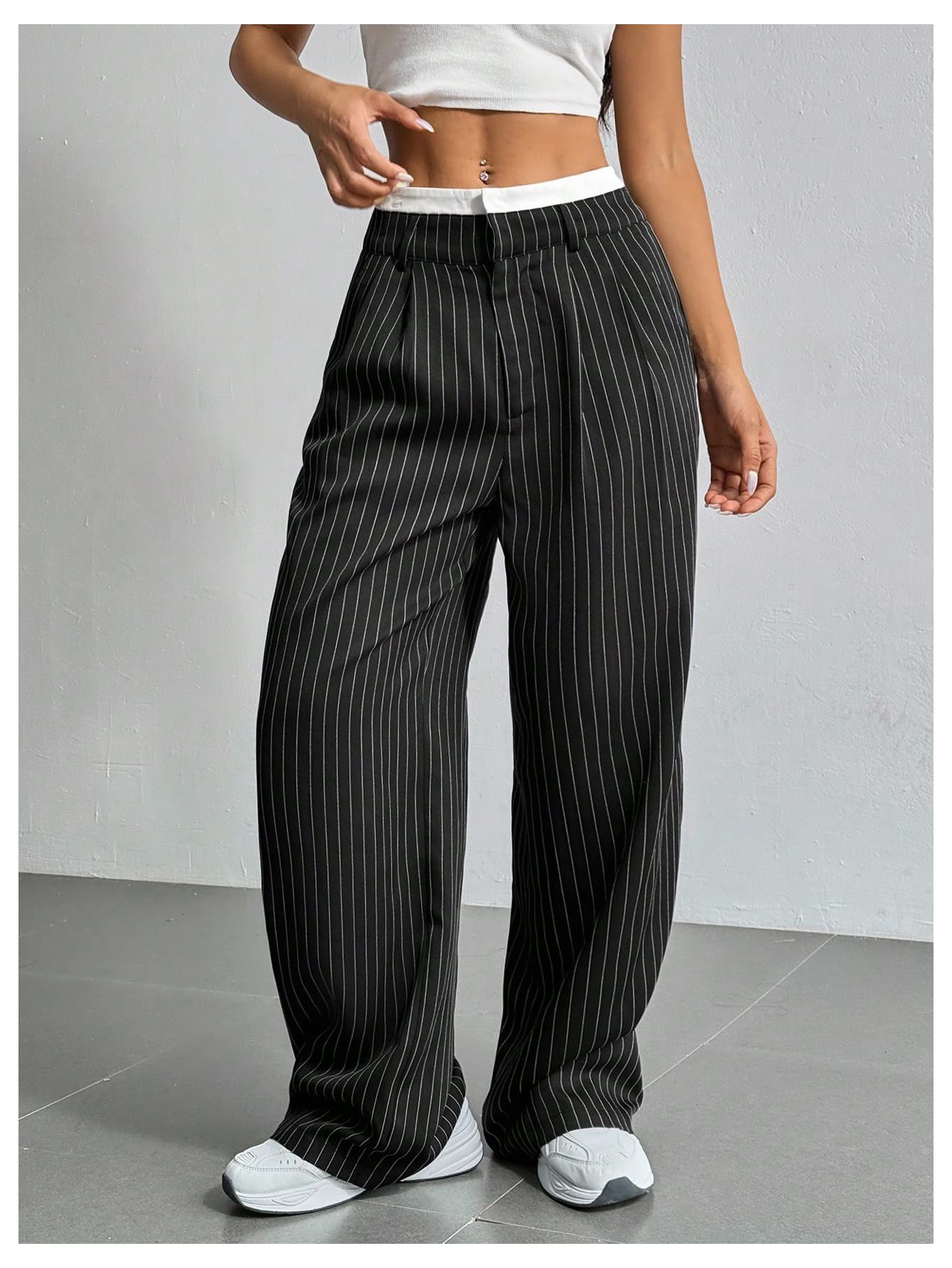 SOLY HUX Women's Striped Pants Color Block High Waisted Wide Leg Casual Work Office Long Trousers