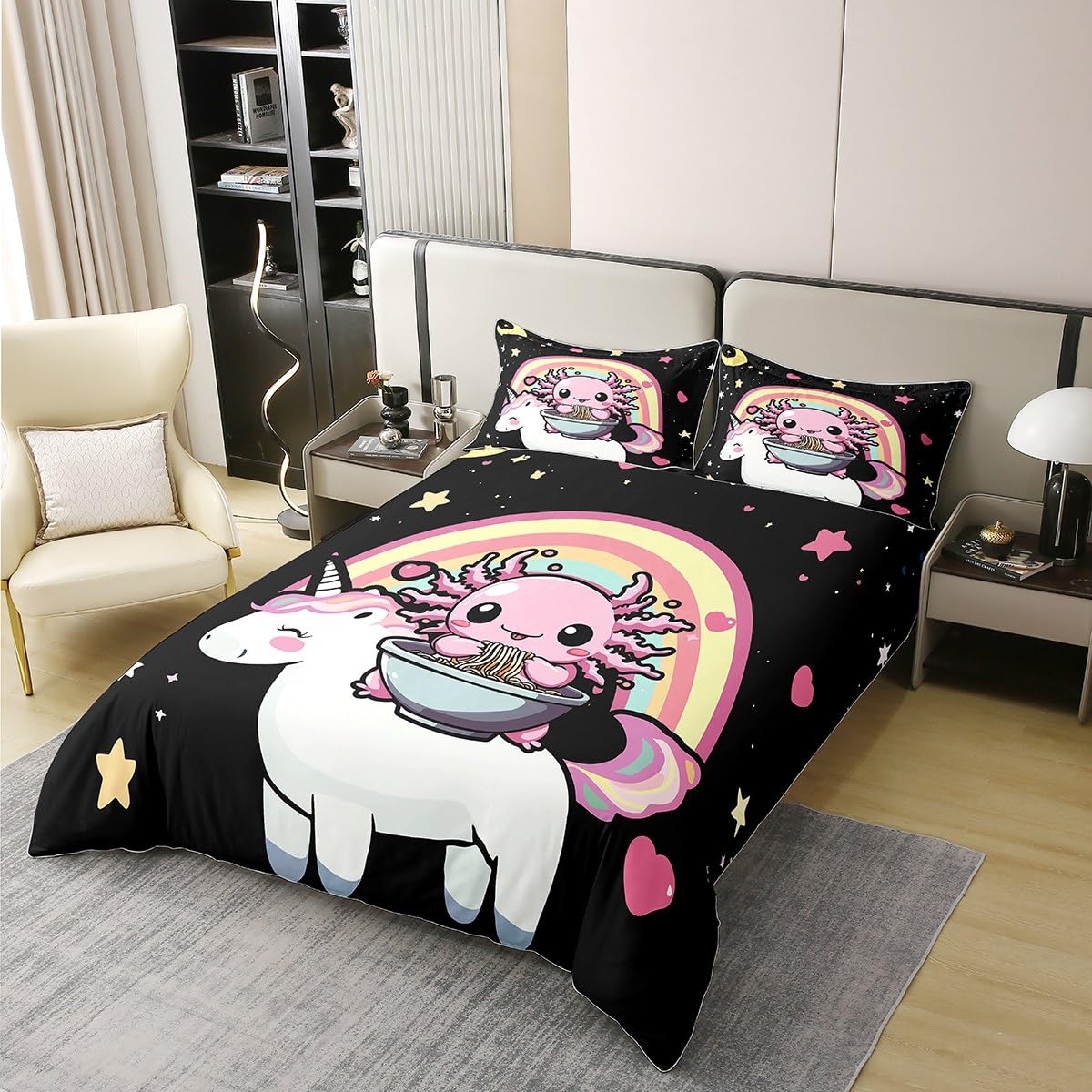Homewish Gradient Regenbogen Axolotl Baumwolle Bettwäsche 135x200 Kinder,Niedlich Cartoon Einhorn Bettbezug für Mädchen Jungen Teenager,Dampfende Nudeln Kleine Sterne Liebedeko Ästhetische Bett Set