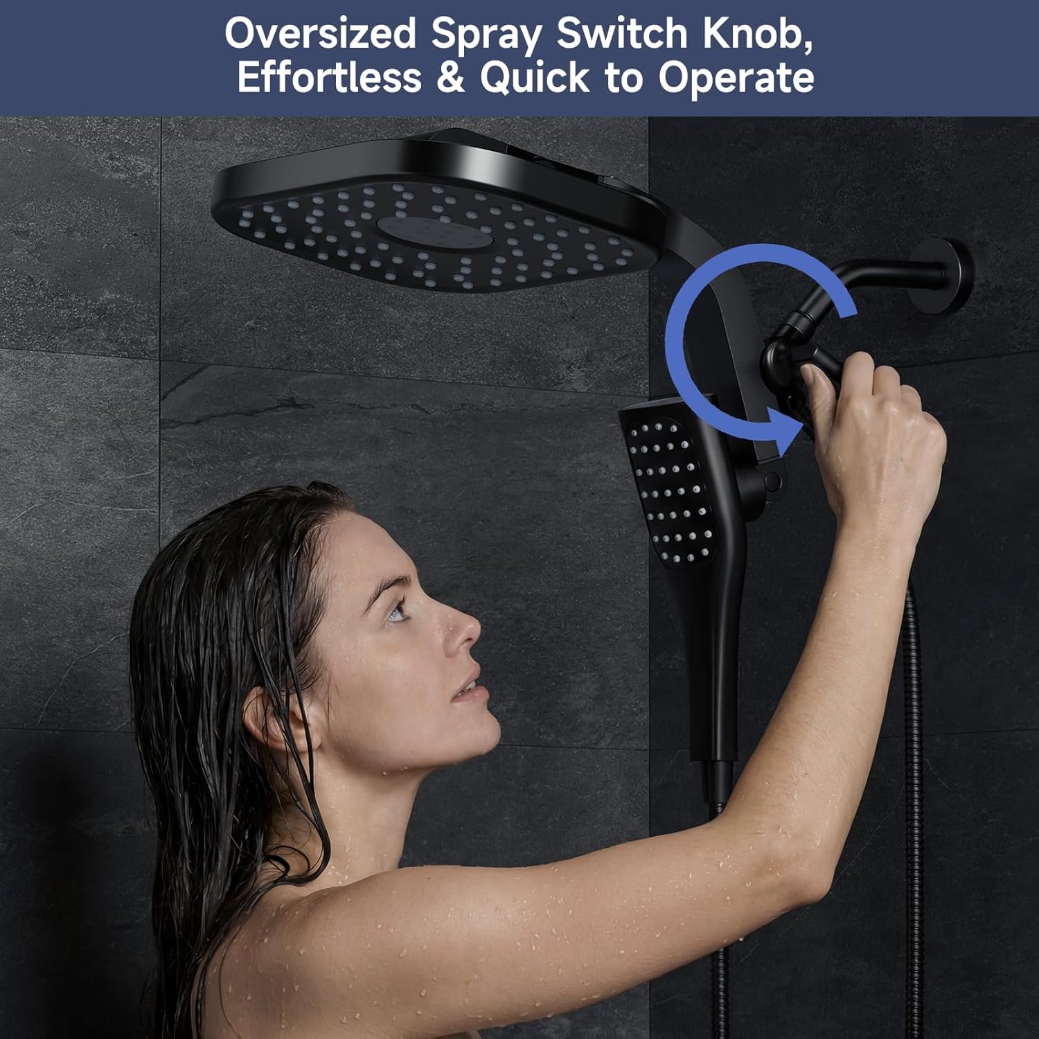 Veken Rain Shower Head with Handheld. High Pressure Multi-Function Rainfall Showerhead Combo with Handheld Spray with Hose, Detachable Dual Shower Heads Built-in Magnetic Docking and Power Jets, Black