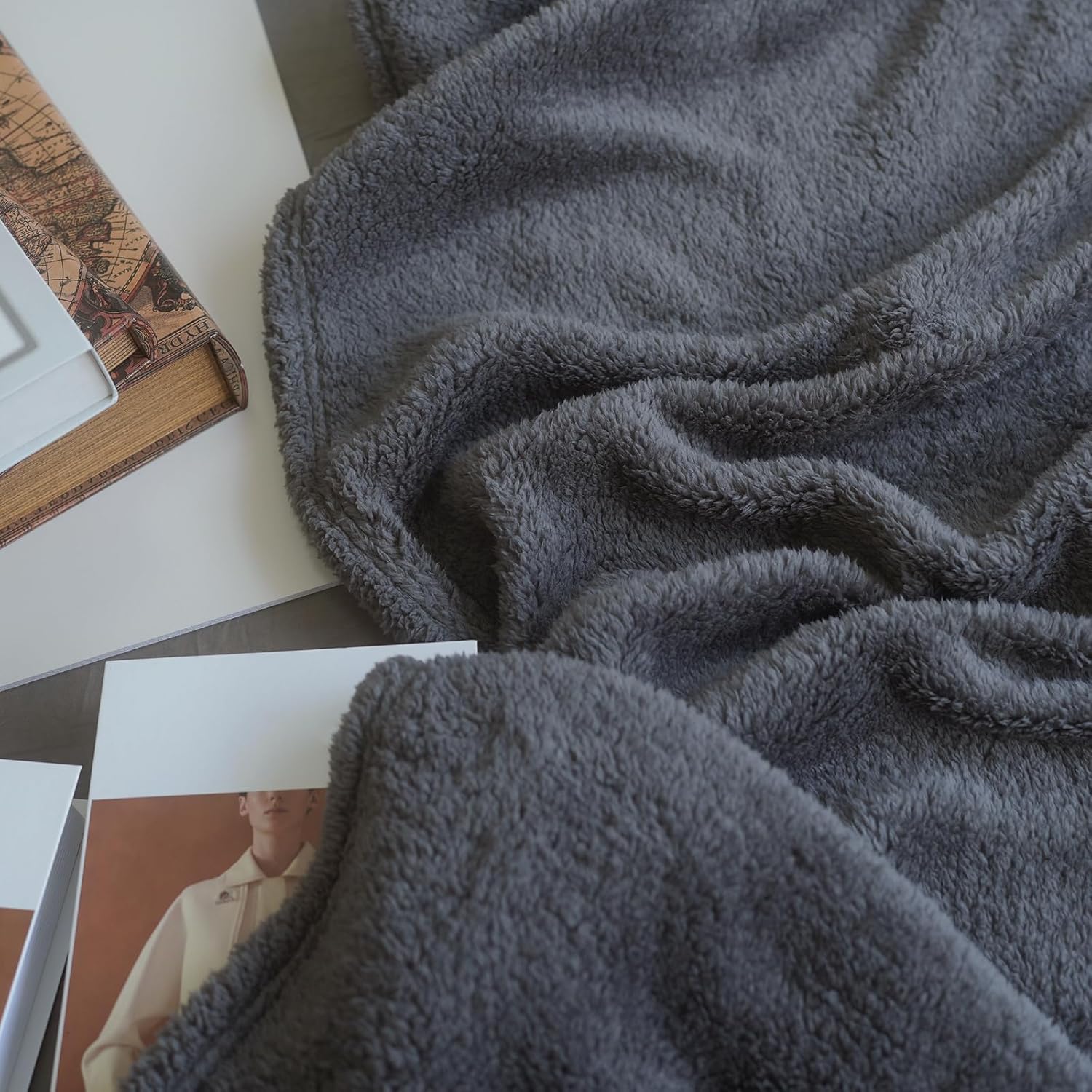 Sherpa Throw Blanket for Couch Soft Warm Thick Blanket Cozy and Warm for All Seasons Throw Blankets for Bed Sofa Throw Size 50"x60", Grey - Image 6