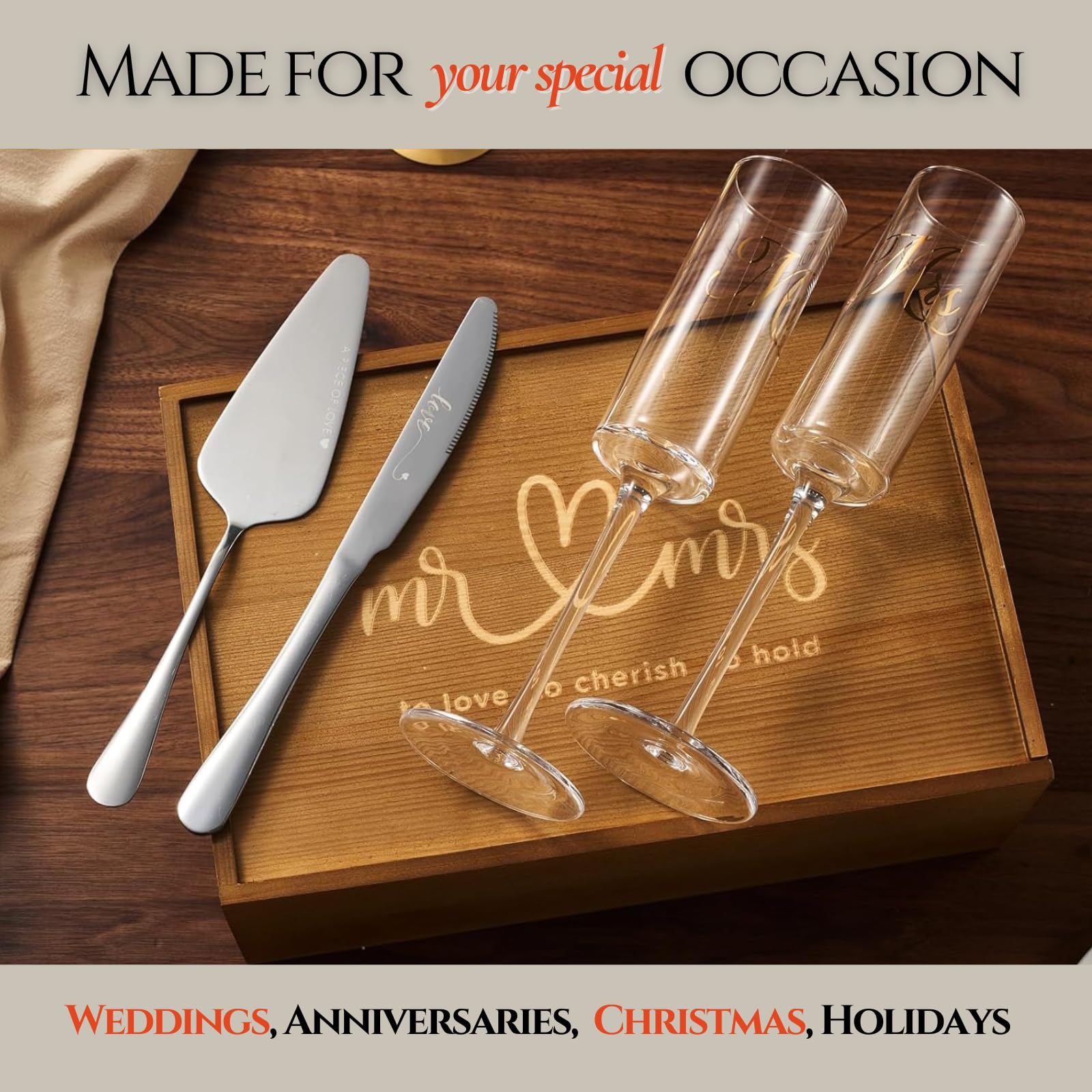 Ensemble de flûtes à champagne, couteau à tarte et pelle à gâteau avec boîte à mémoire en bois, cadeau de mariage Mr & Mrs en cristal, cadeau de mariage, fête prénuptiale, anniversaire, fiançailles,