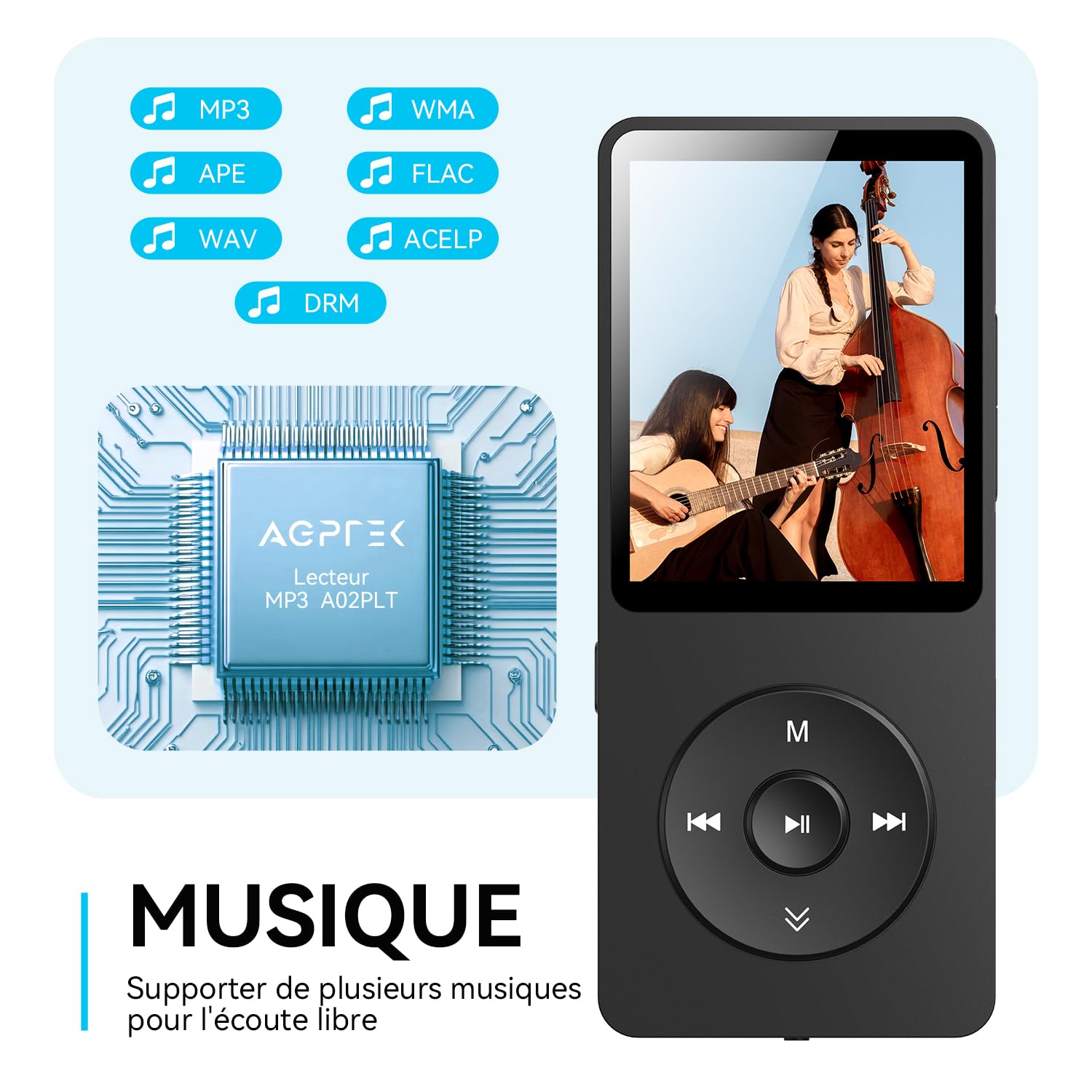 AGPTEK 64Go MP3 Bluetooth 5.3 avec Haut-Parleur & Bouton Volume, Lecteur Musical Portable Radio FM Enregistrement Podomètre Vidéo Baladeur sans Perte MP3 Sport Cadeau Adulte Enfant-Noir(sans Casque)