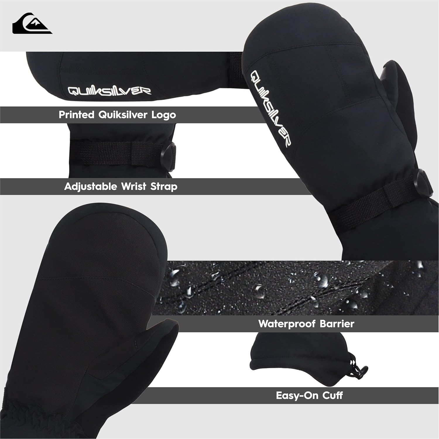 Quiksilver Boy's Mission Mittens - Waterproof & Insulated, Adjustable Cuff, Nose & Goggles Wipe - Image 3