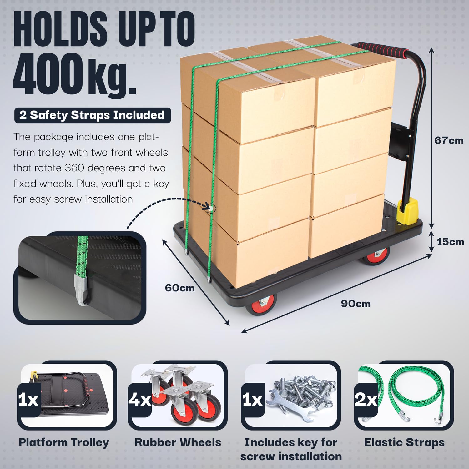 Carrello resistente con piattaforma di 400 kg con 2 corde elastiche con ganci, carrello multiuso multiuso – pieghevole versatile