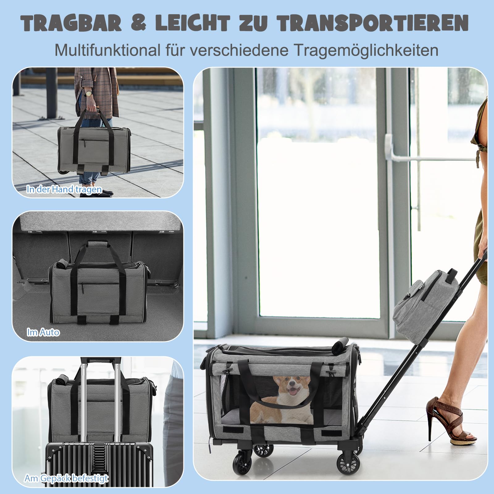 SORAS Transportbox Katze 57 x 34 x 34 cm, Flatbare Transporttasche für Hund mit Rädern, Teleskopgriff, doppelseitigen Kissen, extra Tasche, Reisebox für kleine & mittelgroße Haustiere