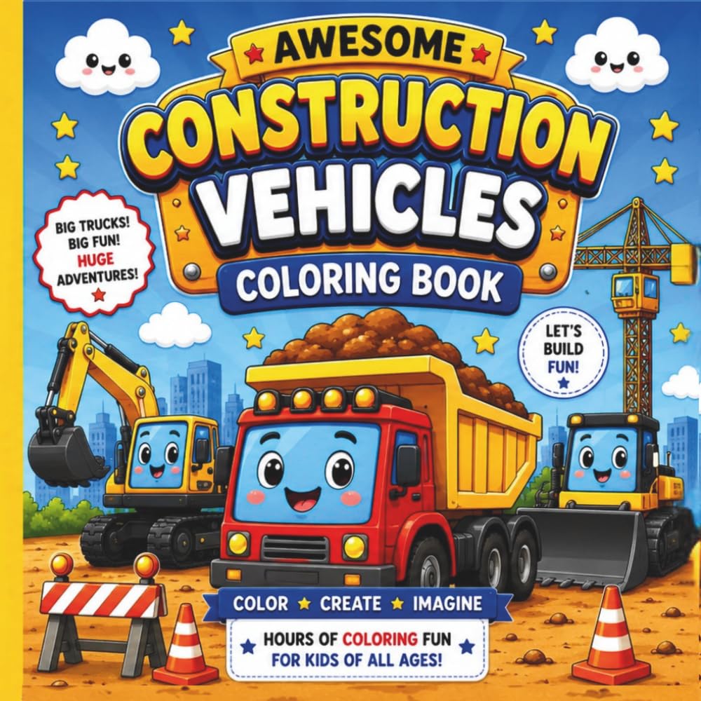 Construction Vehicles Coloring Book for Kids Ages 4-8: Fun and Easy Coloring Pages Featuring Bulldozers, Excavators, Dump Trucks, Cranes, Cement Mixers, Forklifts, and More Big Construction Machines