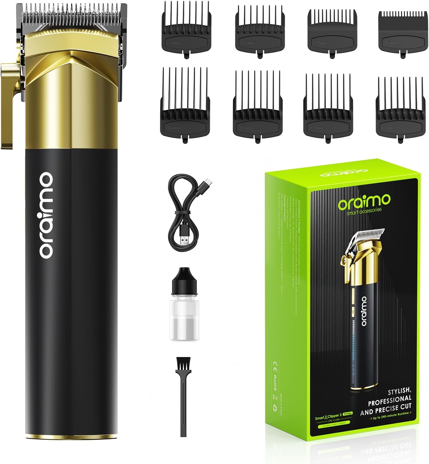 Oraimo Hair Clipper For Men Professional Cordless Barber Salon Clipper For Hair Cutting Kit With 8 Guide Combs (1.5Mm To 18Mm),240Mins Run Time,Led Display & Type C Rechargeable, Battery Powered