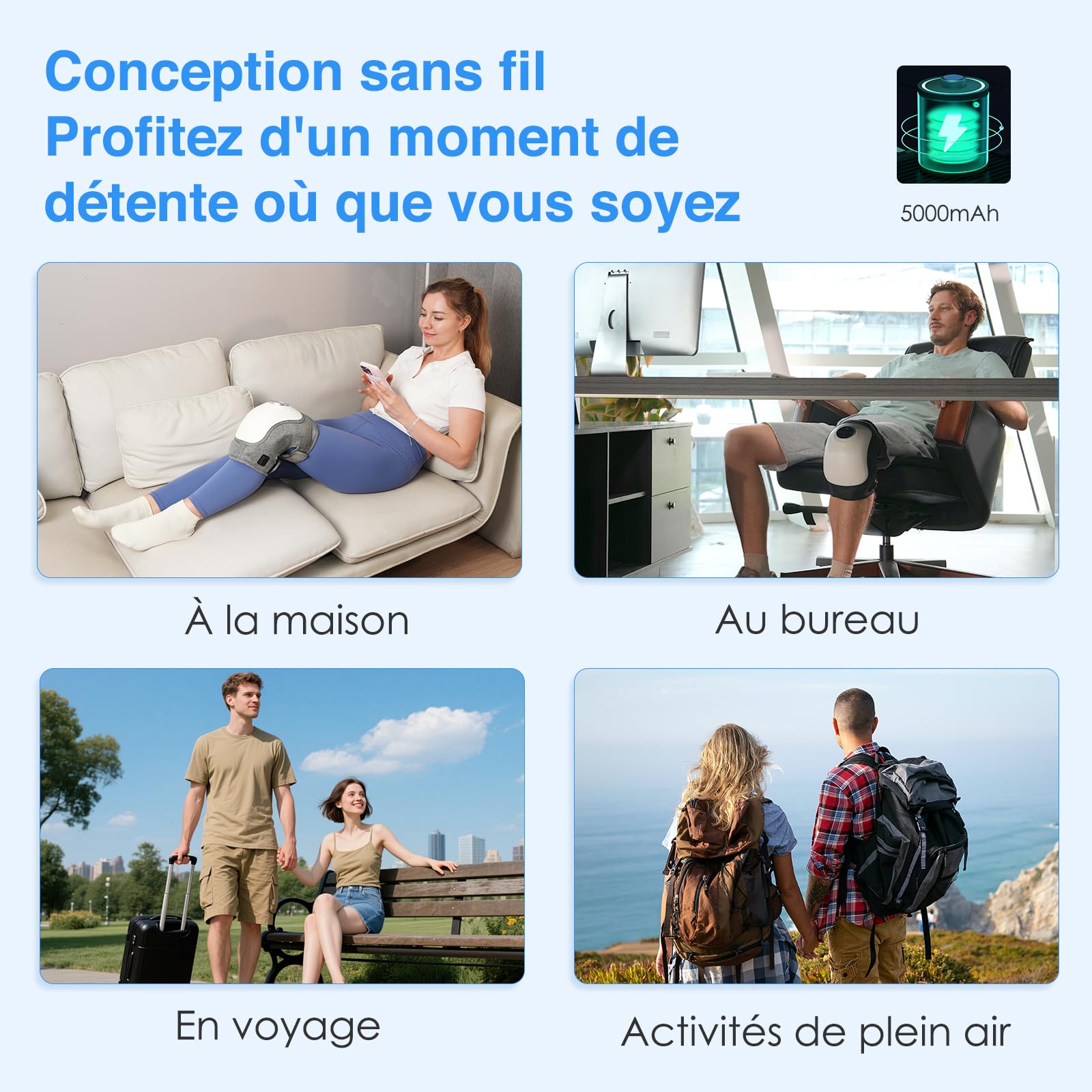 Masseur électrique de genou pour la relaxation, coussin chauffant avec 3 modes de vibration, genouillère chauffante, batterie haute capacité de 5000 mAh, masseur sans fil et portable, cadeau pour