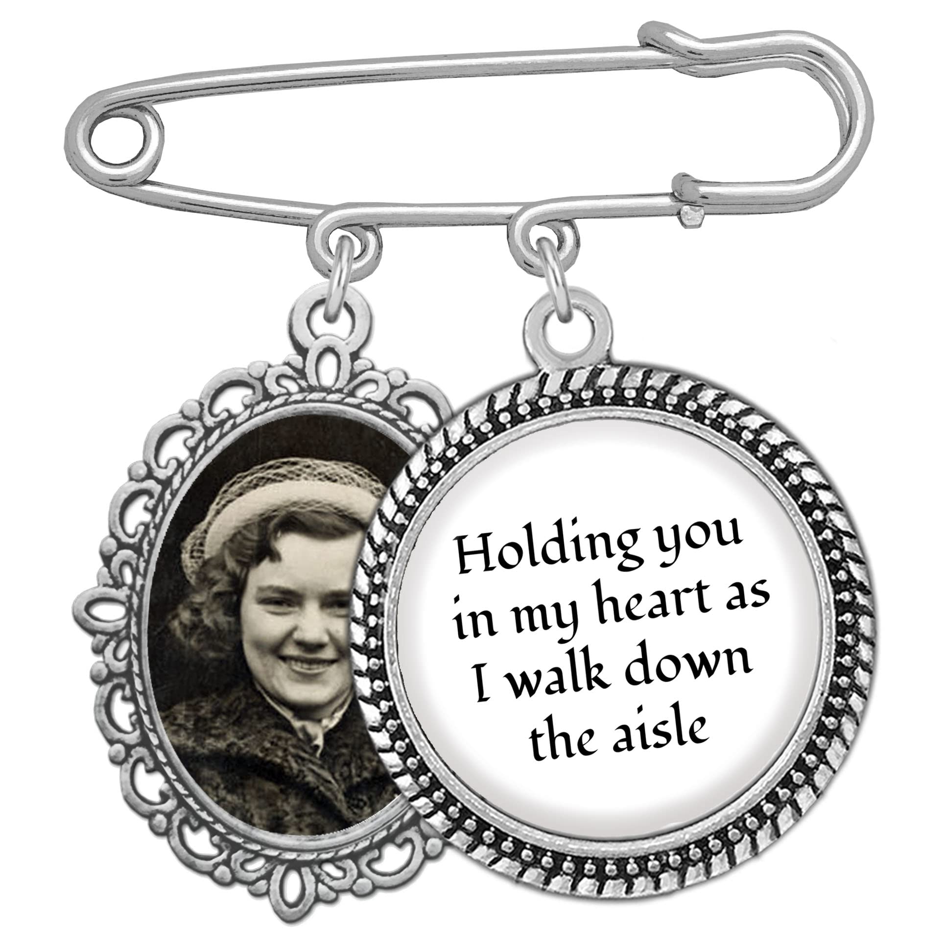 MemoriPix Memorial Bouquet Charm for Wedding Photo Charm Pin for Bridal Bouquet Holding You in my Heart as I Walk Down the Aisle