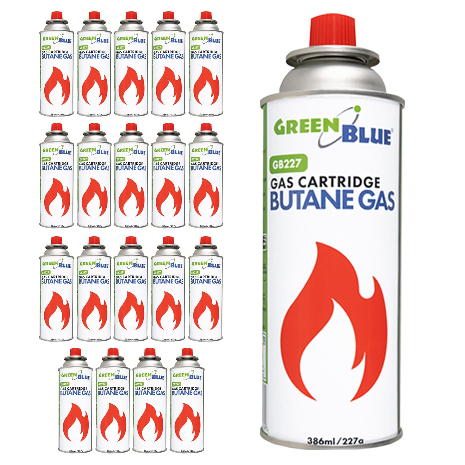 Green Blue GB227 Gaskartusche 227 g (386 ml) Butan, EN417, mit Gewinde, automatisches Ventil, wiederverwendbar, für Campingkocher | Einsatzbereich: -10 °C bis +40 °C (56, farblos)