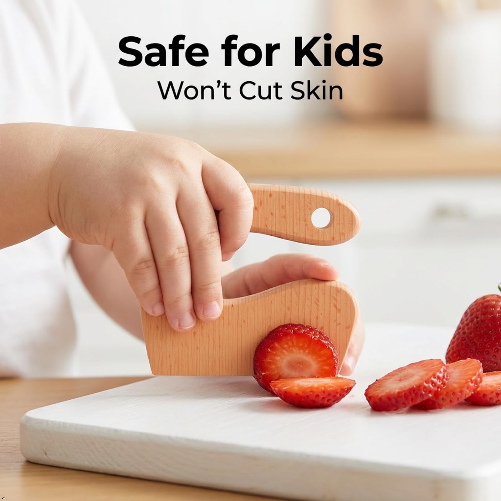 Jauarta Kids Wooden Cutter, Safe Vegetable Fruit Knife Toy for Toddlers with Natural Beech Solid Wood, Montessori Kitchen Tools for Children Aged 2-8 (Round Handle Type) — view 2