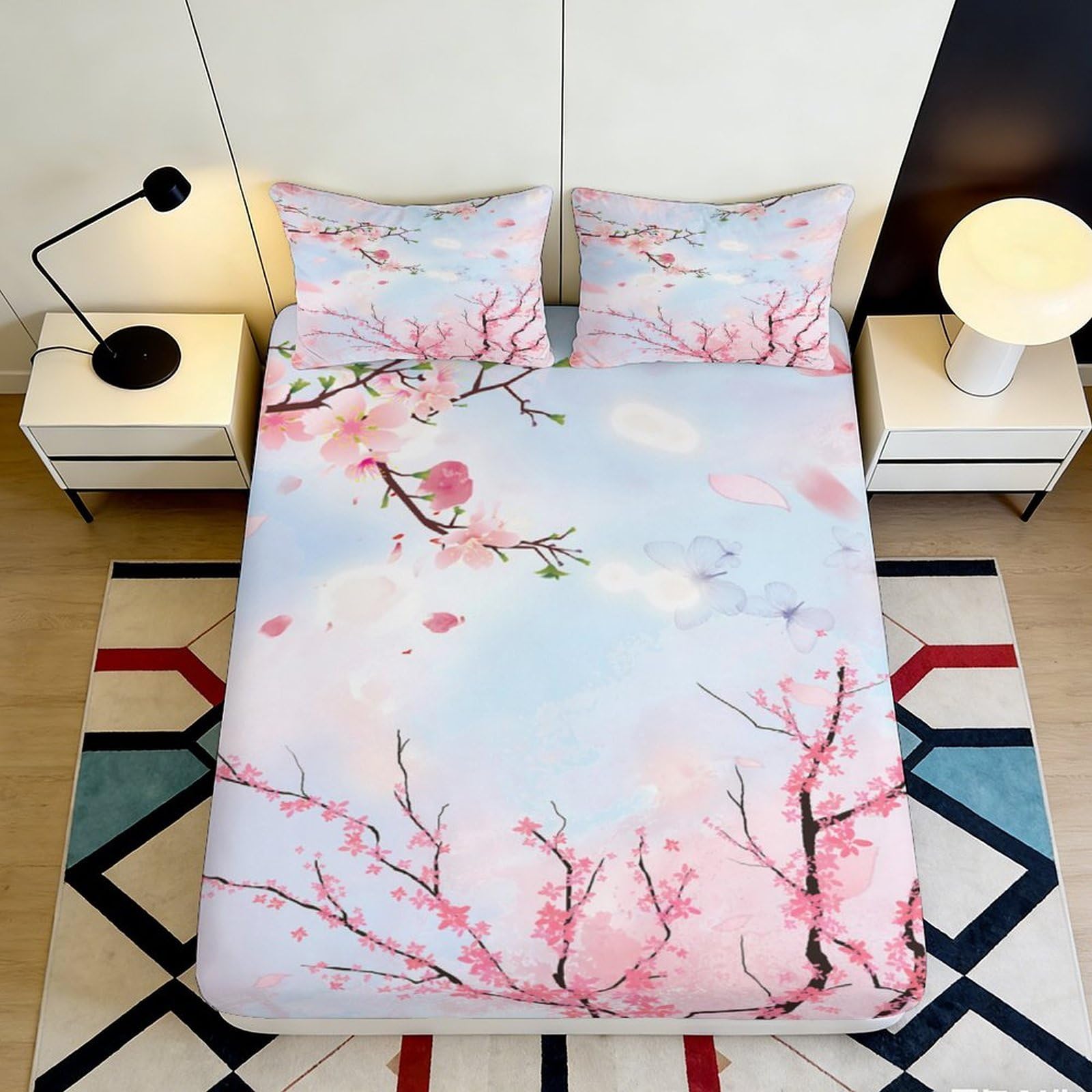 3D Printed Cherry Blossom Fitted Sheet Microfiber Deep Pocket Non-Slip Cherry Blossom Mattress Fitted Cover Washable for Bedroom 180x200x25cm