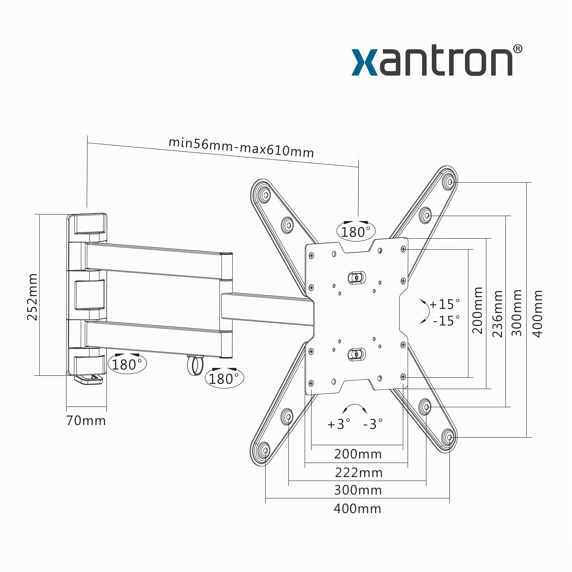 Xantron® PRO-FM400 Supporto TV girevole, inclinabile/Supporto TV parete 23-55 pollici/Staffa TV slim/Braccio TV con distanza dalla parete ultrapiatta - incl. materiale di montaggio