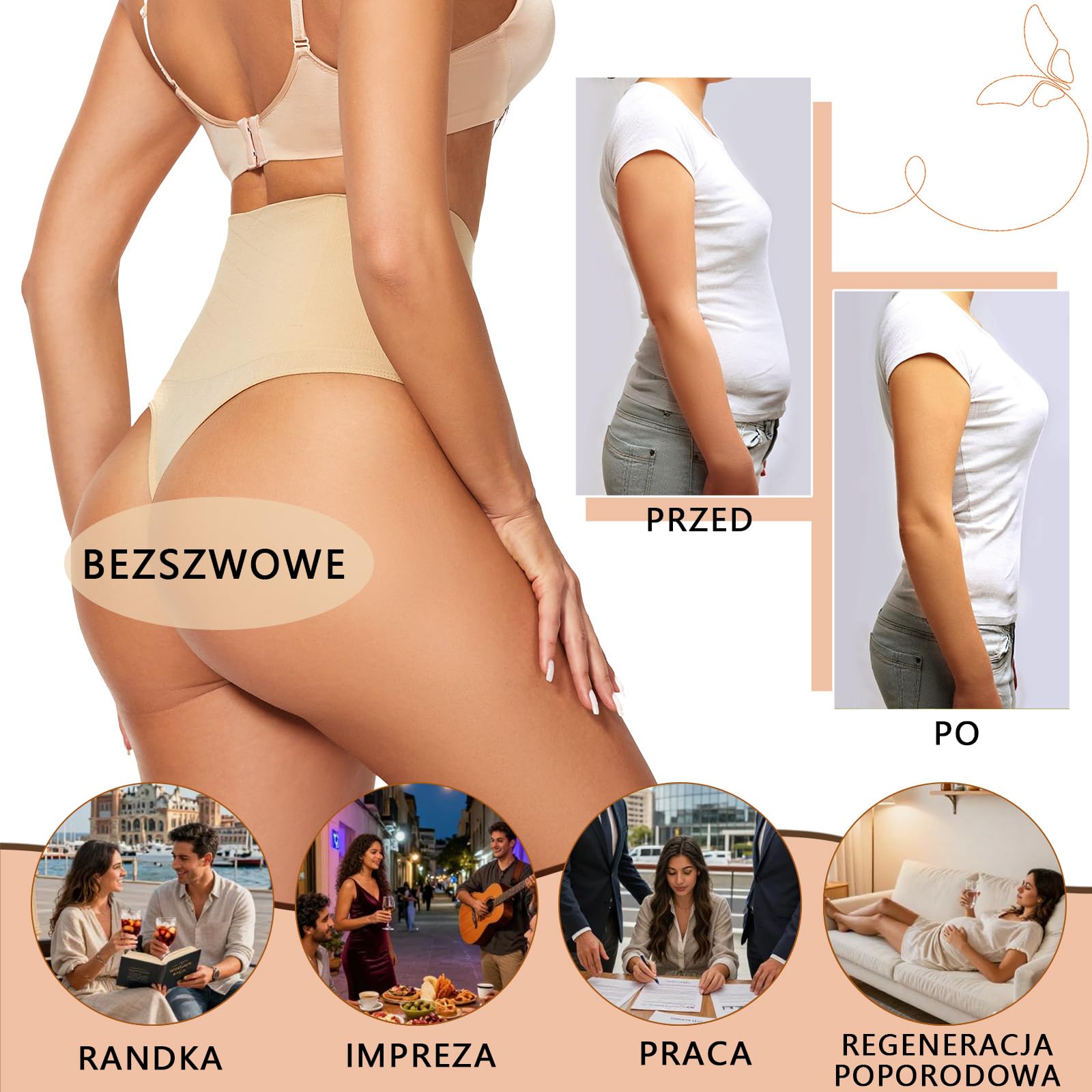 Damskie Stringi Modelujące Wysoka Talia – Bezszwowe Majtki Wyszczuplające Brzuch i Kontrola Podbrzusza, Niewidoczne pod sukienkę, Oddychająca Bielizna Damska na Co Dzień 85% Poliamid, 15% Elastan