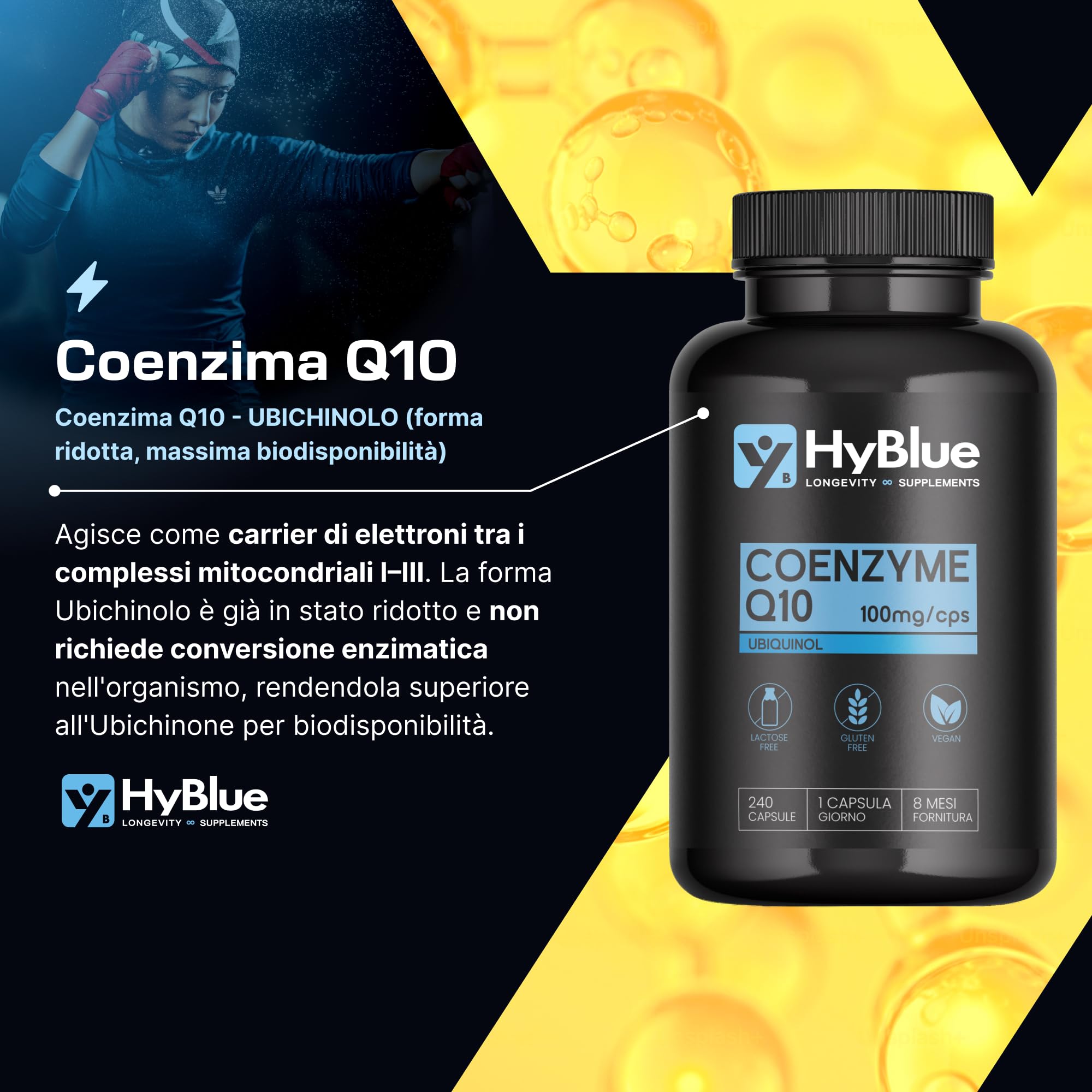 HyBlue Coenzima Q10 Ubichinolo 240 cps, 100 mg | Integratore Ubiquinol Coq10 | Potente Antiossidante per Energia Cellulare e Benessere Cardiaco | Senza Glutine Ne Lattosio, 100% Vegano | Fino 8 Mesi