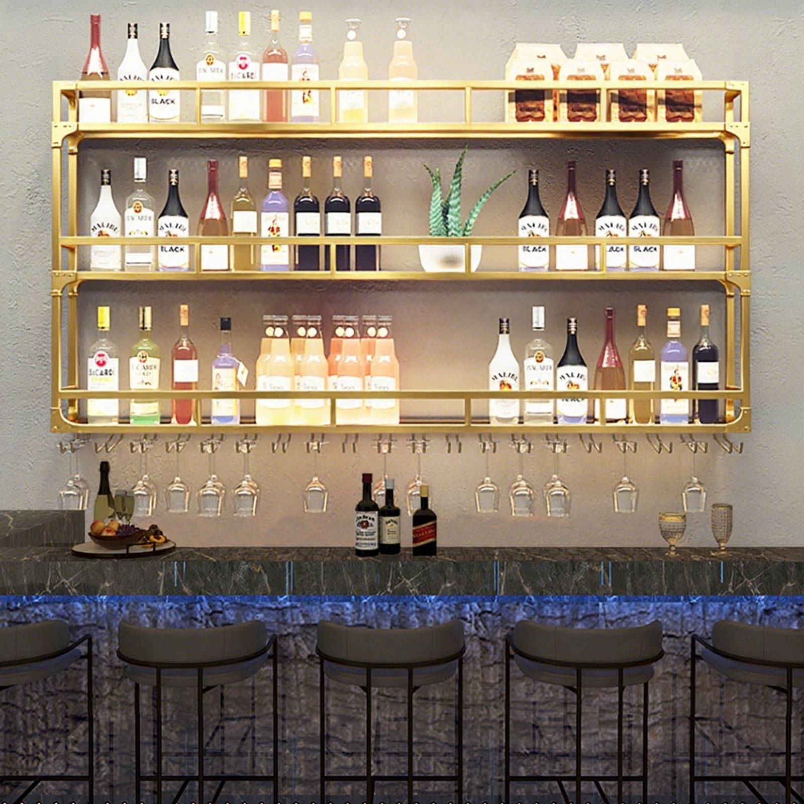 Estante De Vino LED Montado En La Pared,Botellero De Pared,Botellero Colgante De Hierro Forjado Para Botellas De Vino,Estante Multifuncional Para Exhibición De Vinos(Gold,80X90cm/31.5x35.4in)