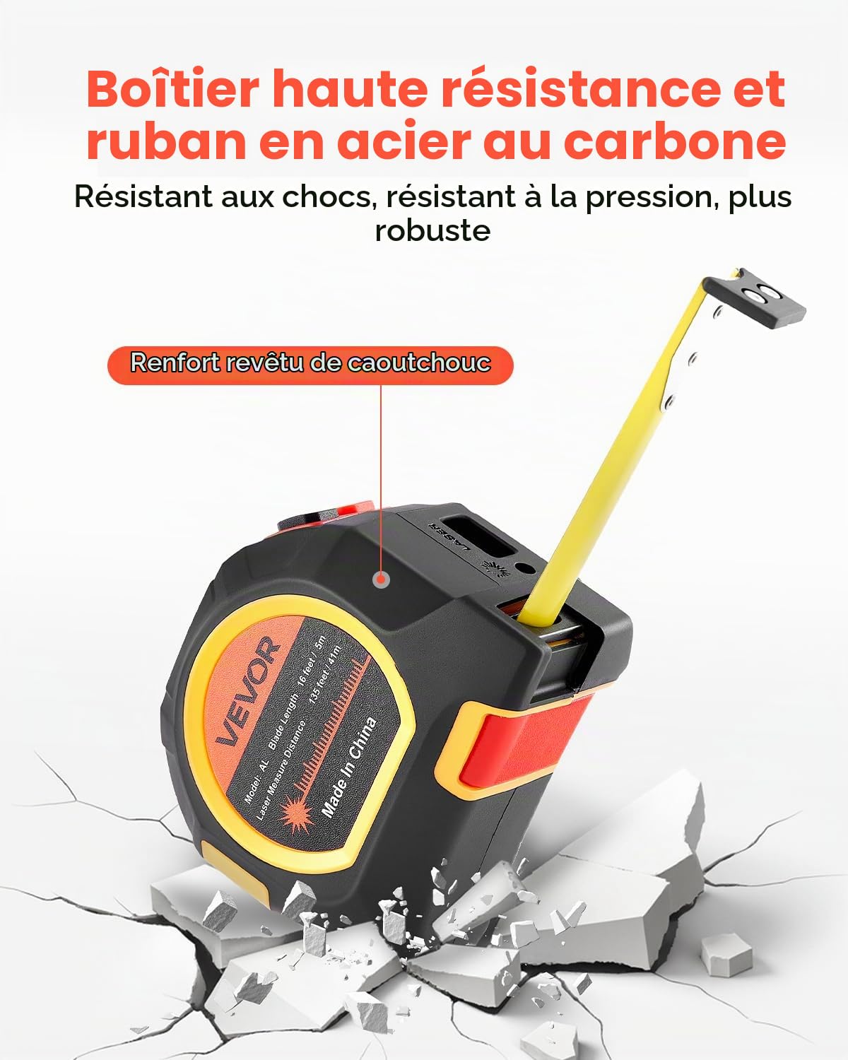 VEVOR Mètre Ruban Laser 2 en 1 Ruban de Mesure Laser Rechargeable 135 pi 41 m Outil de Mesure Magnétique 16 pi 4,9 m, 4 Modes, Longueur, Surface, Volume, Continu, Unités pi/po/m/pi+po, pour Extérieur