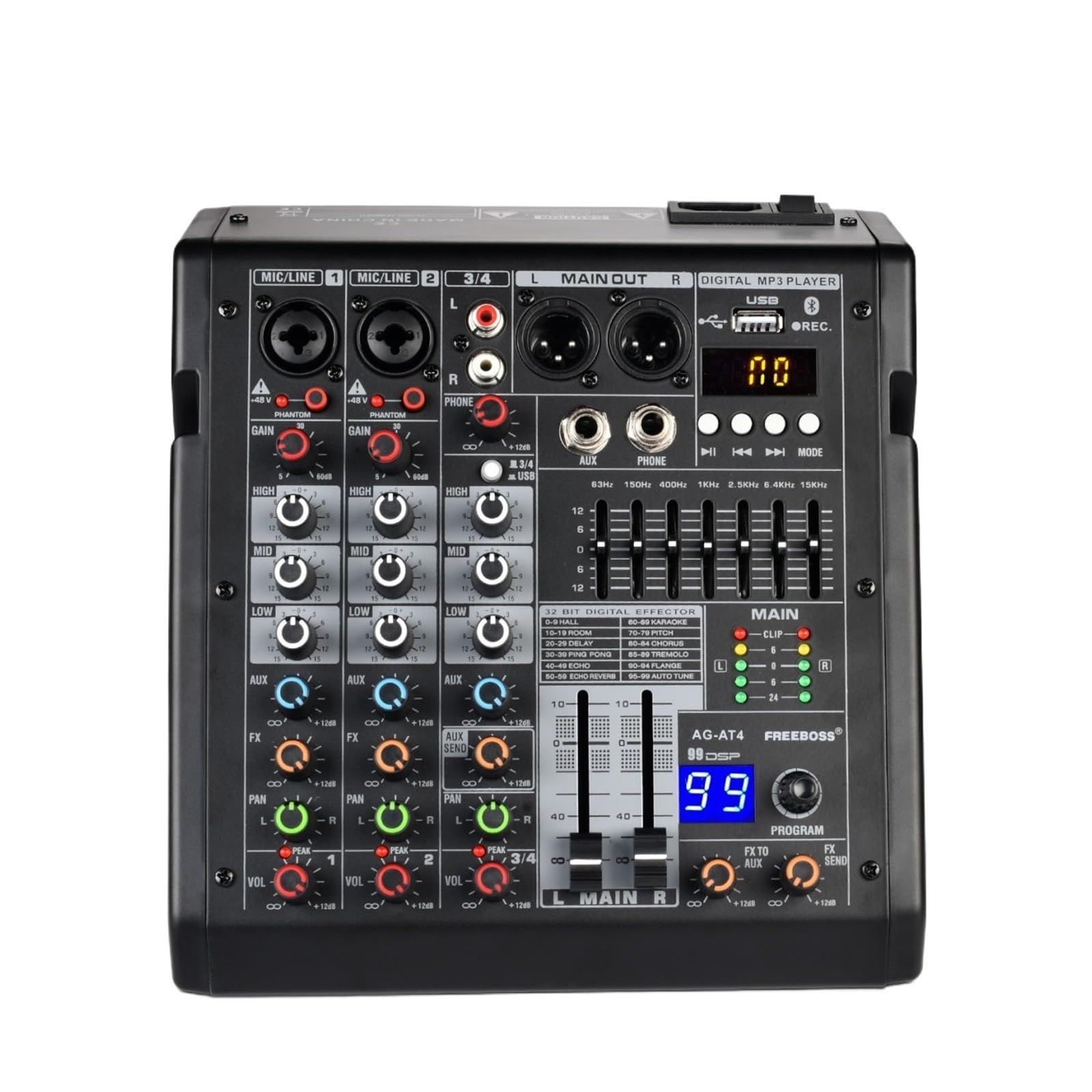 Mikser DJ-ski, 4-kanałowa konsola miksująca 99 efektów DSP Odtwarzanie USB Nagrywanie na komputerze Bluetooth Mikser dźwięku Impreza domowa 48V Mix Table AG-AT4