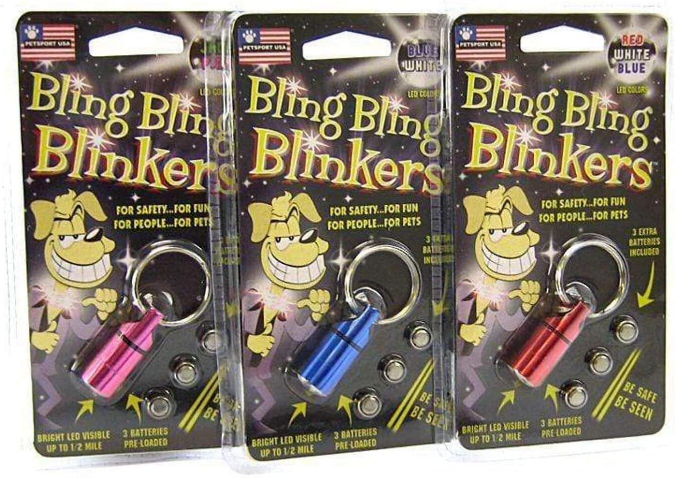 PetSportBling Bling Blinker Dog Safety Light | Clip on LED Dog Collar Light Waterproof Safety Night Walking Lights for Camping Dog or Cat, Battery Included, Colors Will Vary