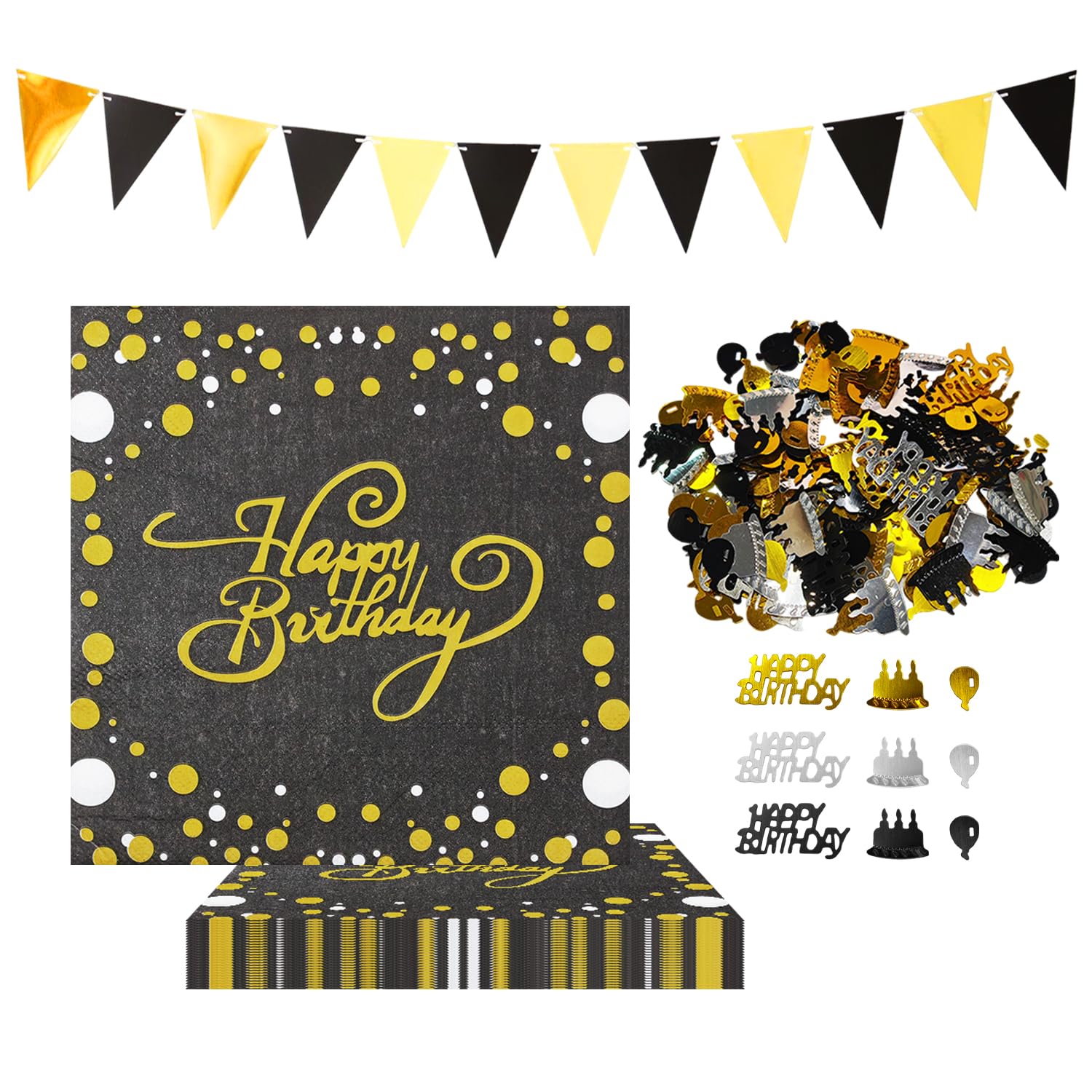 TVSVKWE 60 Black And Golden Napkins, 1 Set Of Sprink Confetti, 1 Piece Of Flag Pulling, Happy Birthday, Creative Dining Table Accessories, Birthday Party Decoration.