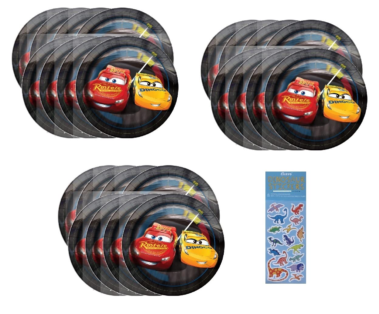 Unique Cars Birthday Party Supplies Bundle Pack includes Dessert Cake Paper Plates - 24 Count and 1 Dinosaur Sticker Sheet