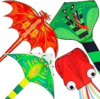 Crogift 4-Pack Large Kites: Fire Dragon, Green Snake, Devil Fish, Red Octopus - Easy Assembly, Durable for Kids Adults Outdoor Fun