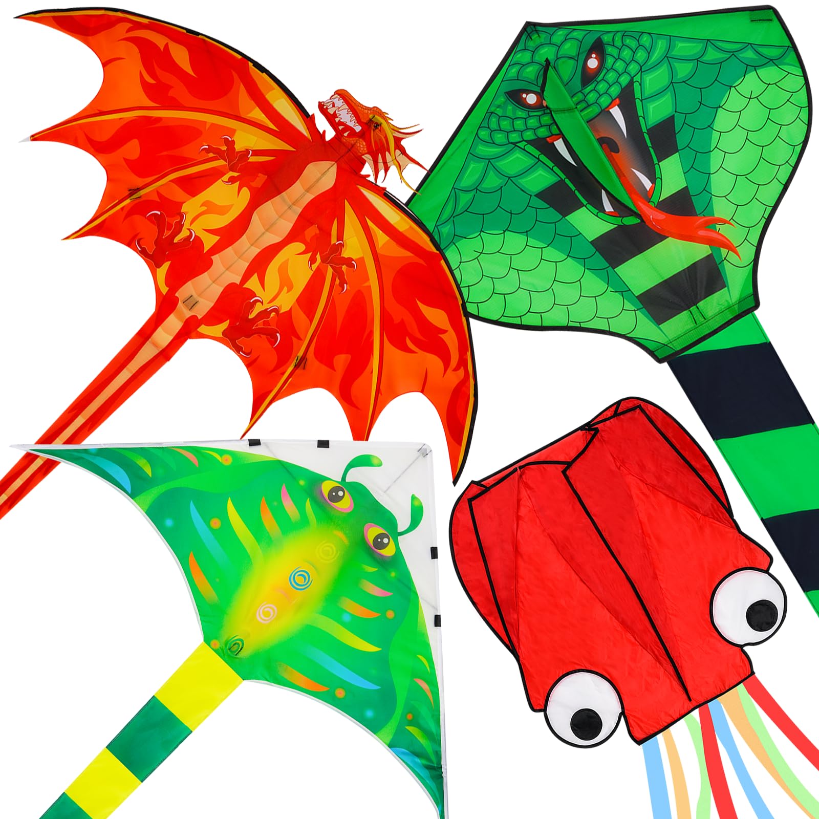 Crogift 4 Pack Kites - Large Fire Dragon Kite Green Snake Devil Fish Red Mollusc Octopus with Long Colorful Tail for Kids Adults Outdoor Game
