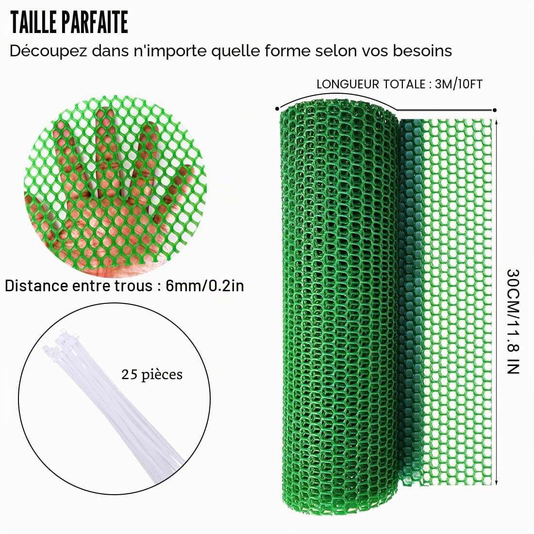 Rouleau de grillage hexagonal en plastique pour volailles, chiens, lapins, serpents, jardins, 30 cm x 3 m, vert