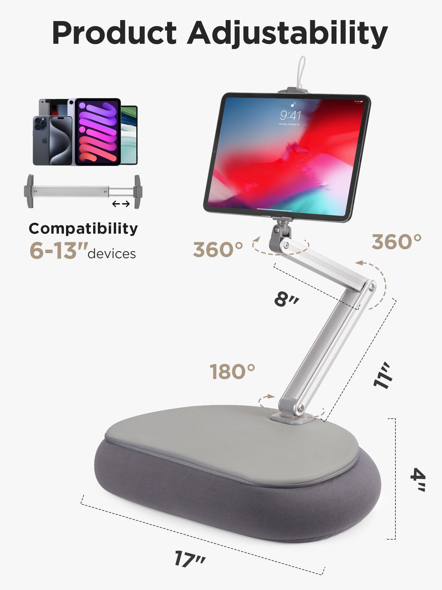 InnoGear Soporte de almohada para tablet para cama de regazo, soporte ajustable de 360° para Kindle iPad | Cama, versátil, ángulos y altura ajustables, uso de regazo, soporte suave para iPad, niños, lectura, multiángulo, puf