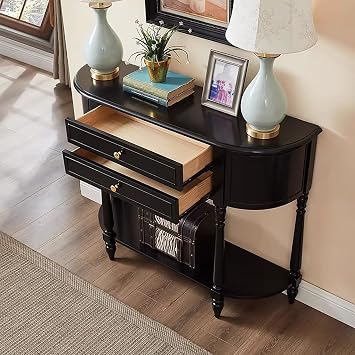 Half Moon Console Table,Solid Wood Console Table with Drawer,Multi-Layered Storage Space, semi-Circular Exterior,with Shelves,for Foyer Living Room Bedroom.Black,39.4 * 11.8 * 37.4in