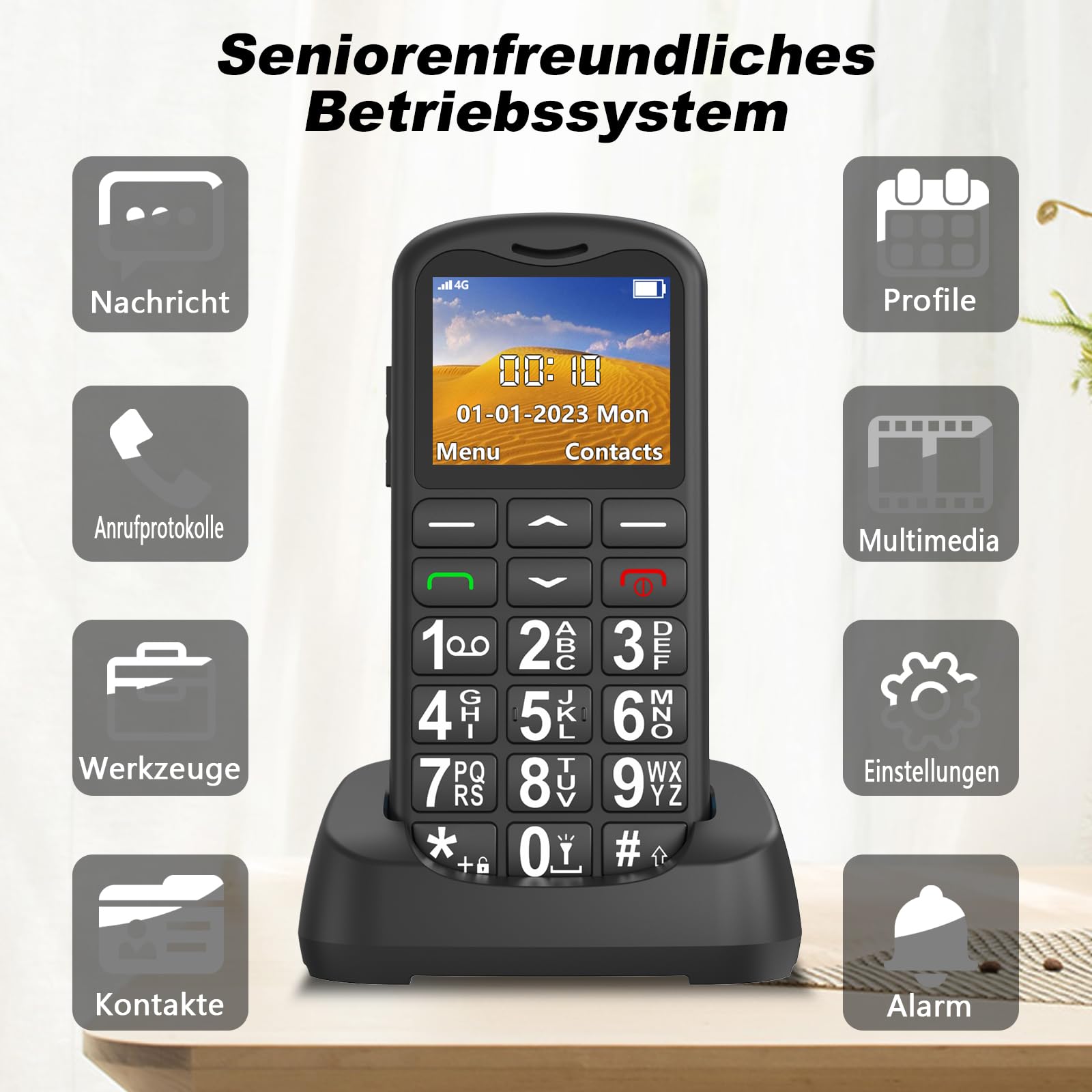 CHAKEYAKE Seniorenhandy mit Großen Tasten | Mobiltelefon Ohne Vertrag mit 1.7 Zoll LCD | SOS-Funktion | Dual SIM Tastenhandy mit Taschenlampe | Ladestation | Schwarz-G180