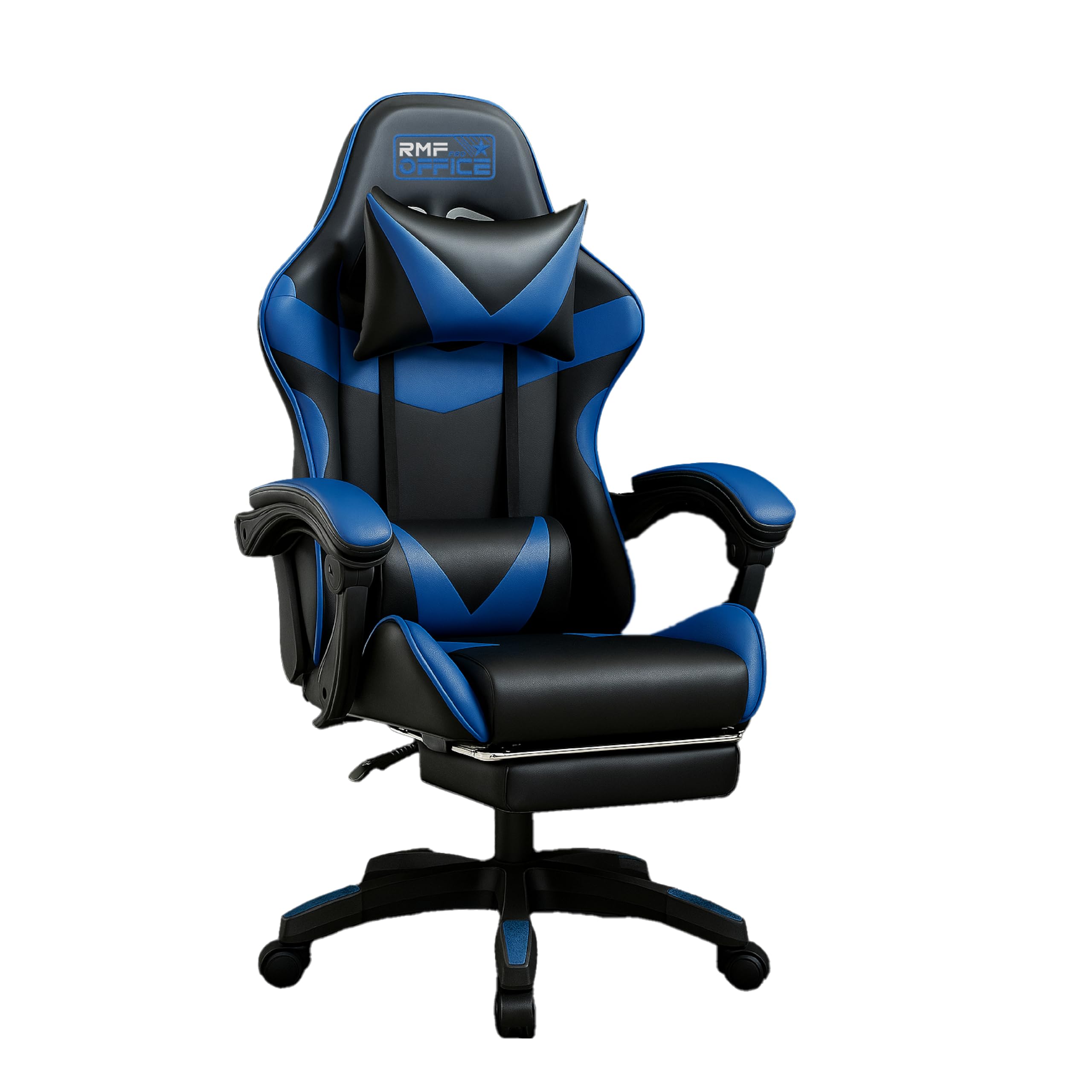 RMF Sedia Gaming Professionale Ergonomica Reclinabile, Poltrona Gaming Seduta Comoda e Rilassante con Poggiapiedi - Sedia per Gamer con Ruote Girevoli, Altezza Regolabile Blu/Nero