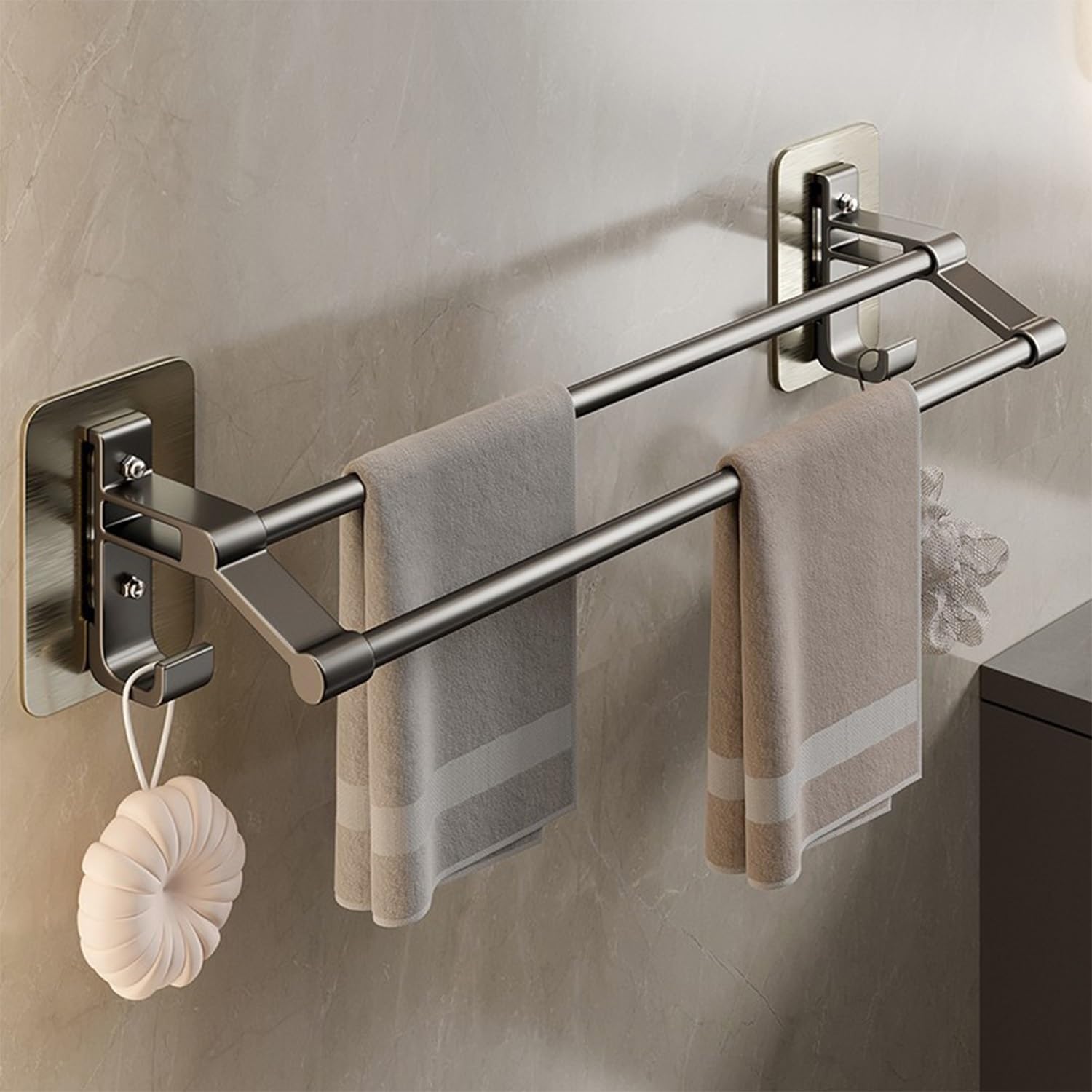 LMYSXAOZ Bathroom Towel Rack Aluminum Alloy Holder Organizer No Holes Self-Adhesive Double Bar 11.8in 15.7in 19.7in 23.6in 27.5in Shower Hanger(50cm/19.7in)