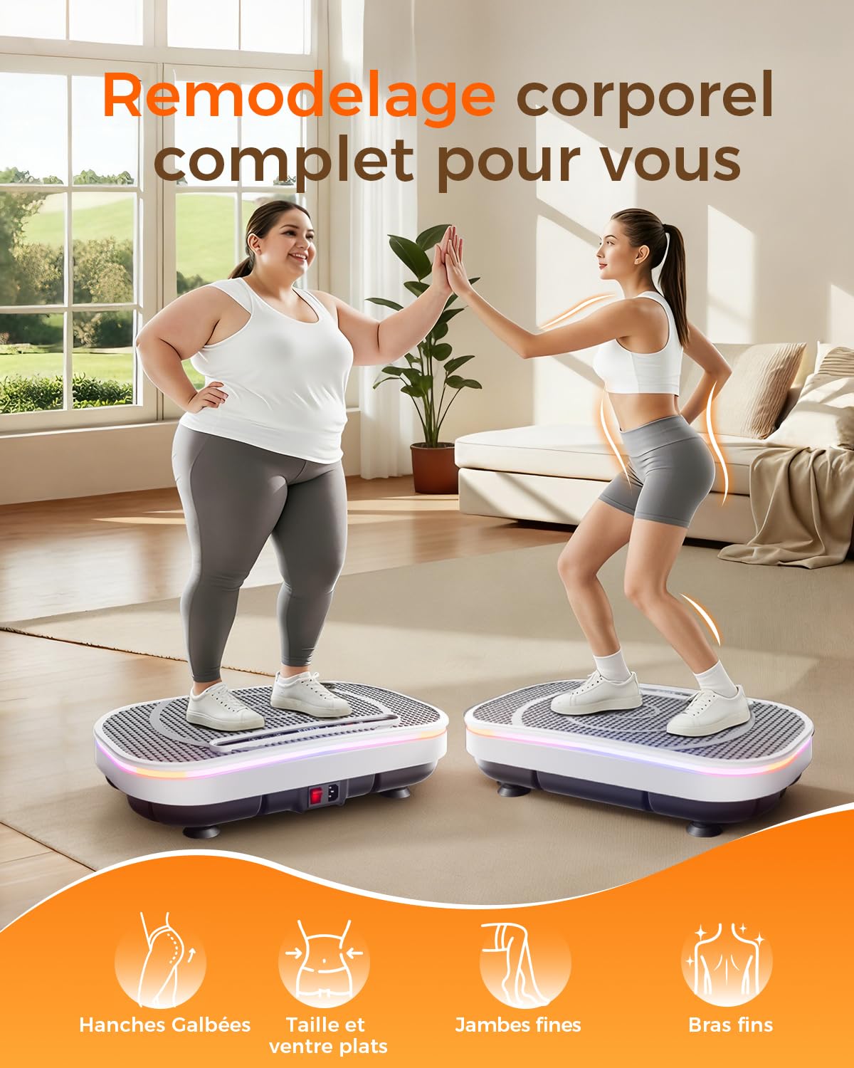 Plateforme Vibrante, Plaque Vibration Plate Fitness Équipement Sport Maison Entraînement Musculation, avec 4 Bandes de Résistance 120 Niveaux d'Intensité Haut Parleur Bluetooth