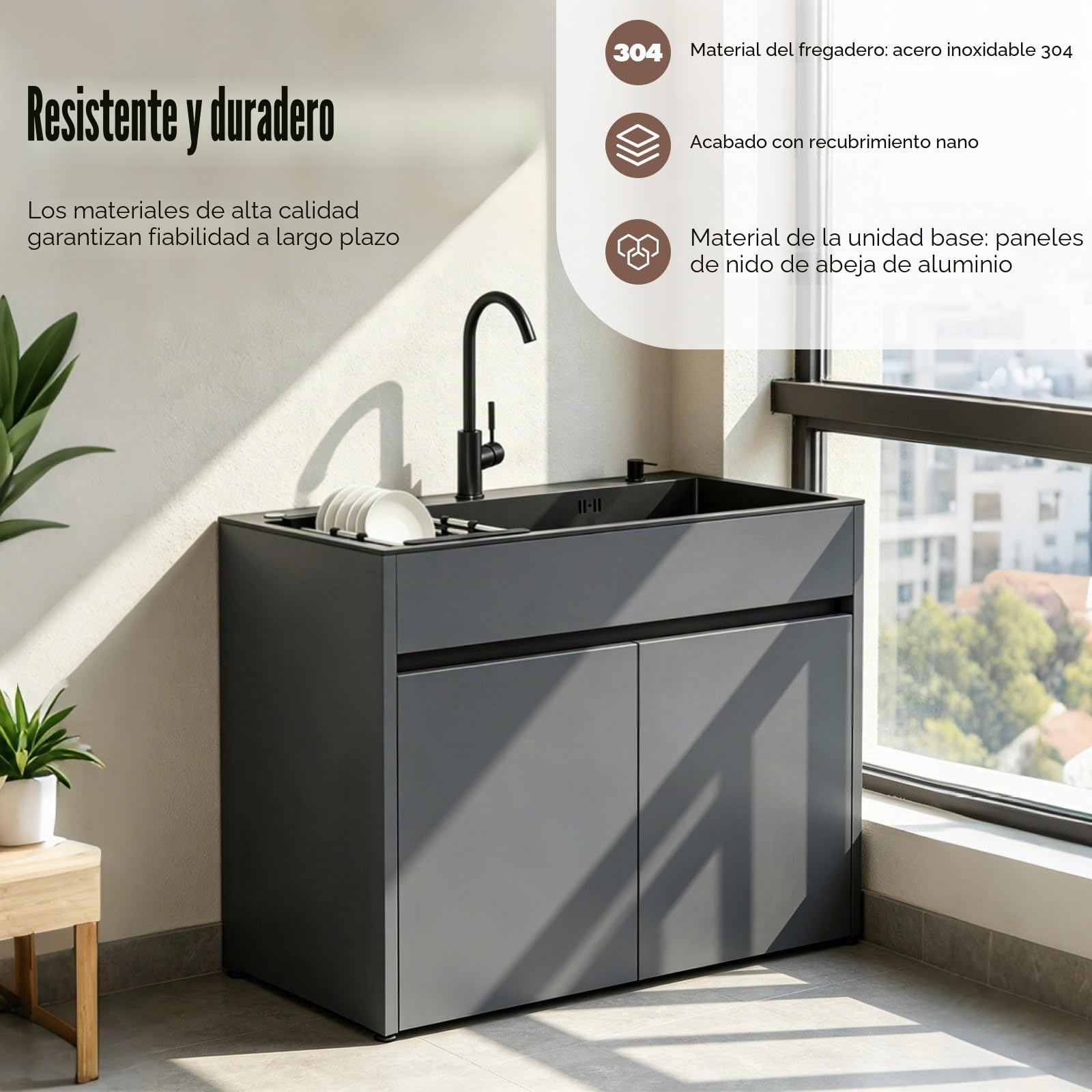 Fregadero de Exterior Independiente con Armario para Jardín y Taller, lavabo de acero inoxidable negro, cuerpo de aluminio de panel de abeja, incluye grifo de agua fría/caliente y kit de fontanería